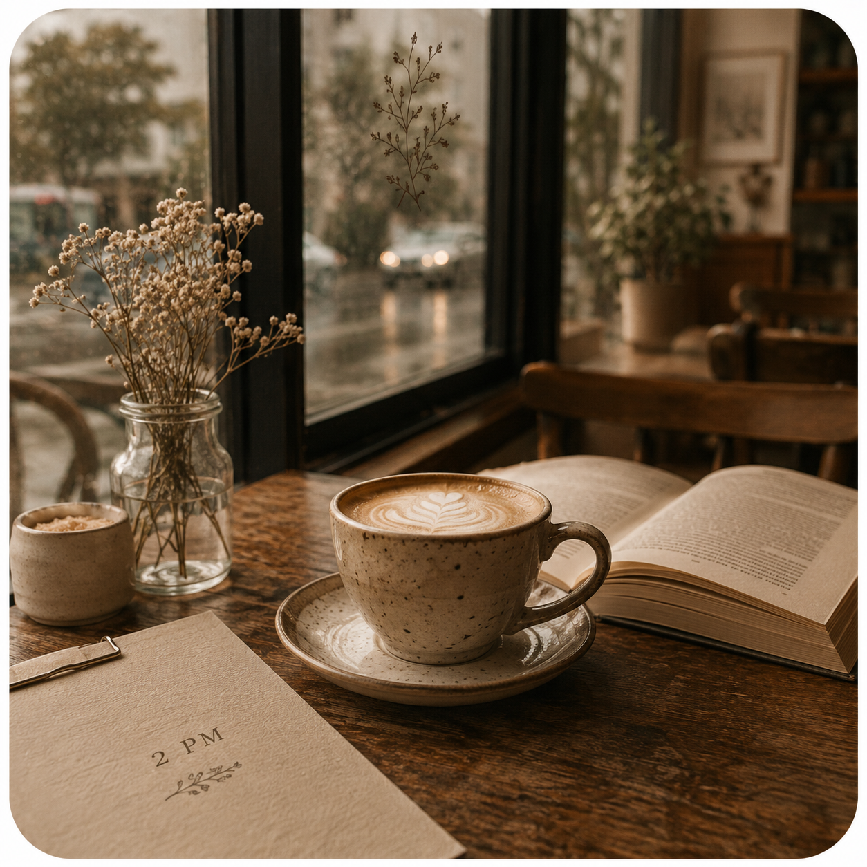 cozy cafe seat view through the window with a latte and book, inspired visual for 2PM a coffee gourmand unisex fragrance