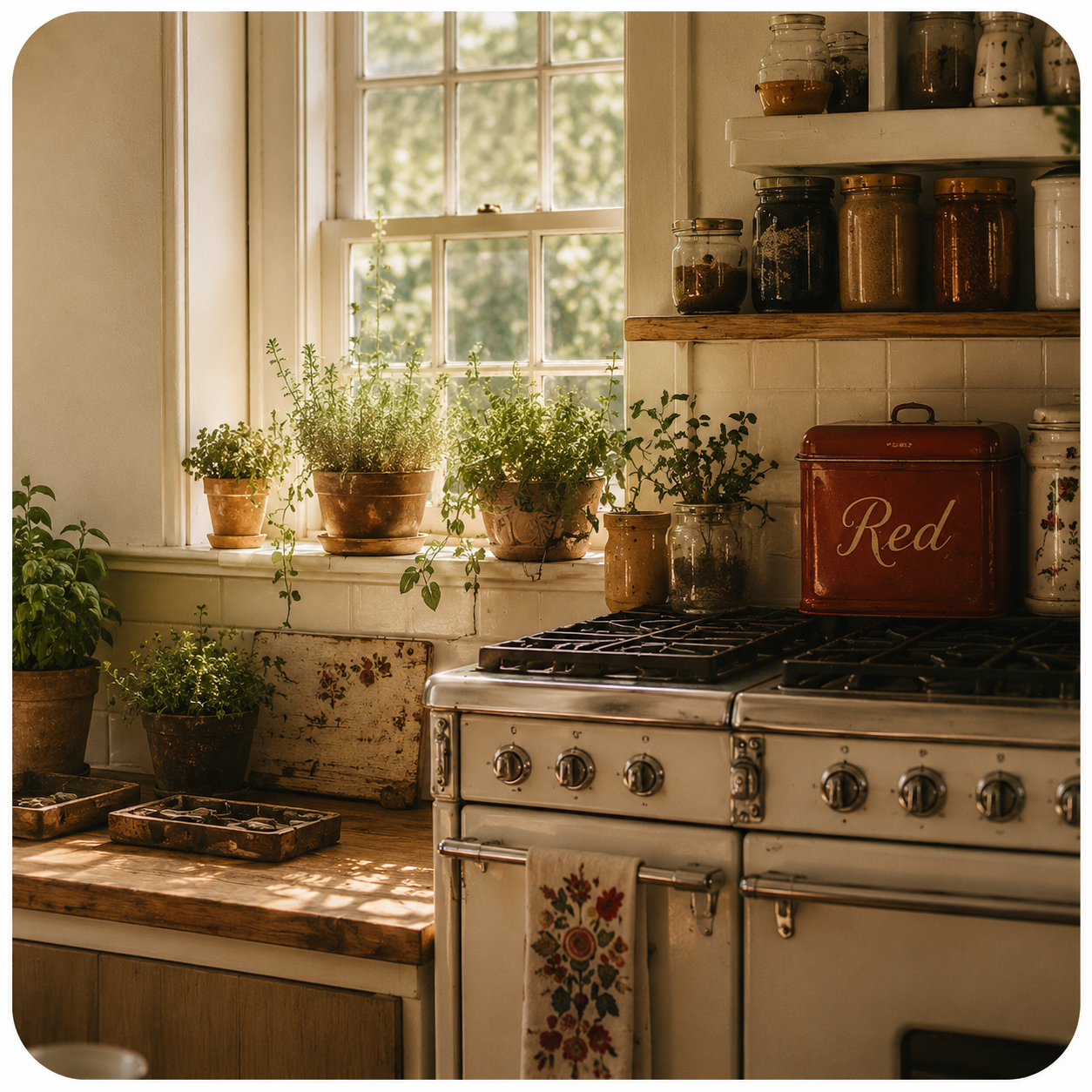retro style kitchen with plants inspired visual by Red a herbal masculine scent