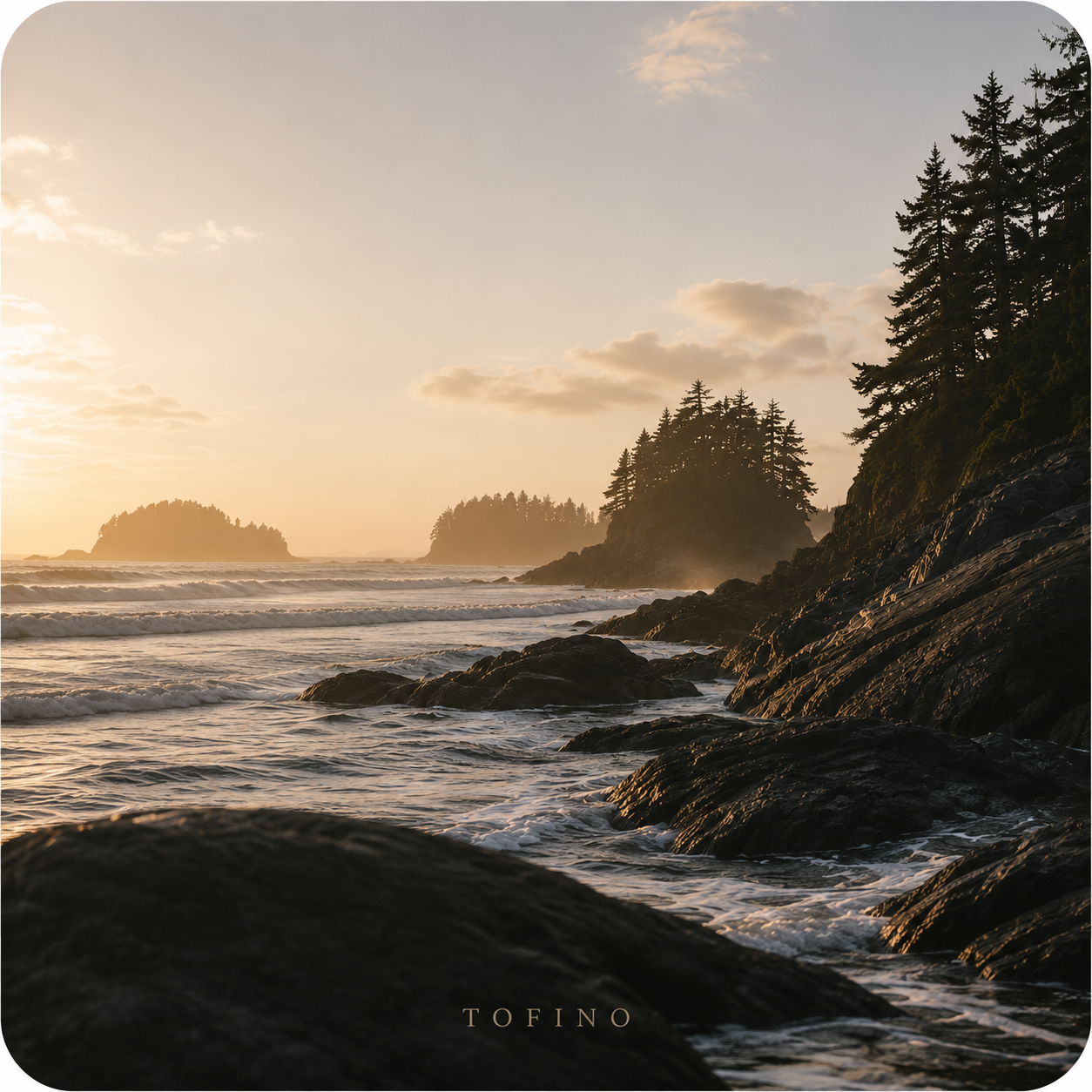 rocky coastal landscape view with the ocean crashing in, visuals for Tofino a unisex coastal spring and/or summer fragrance