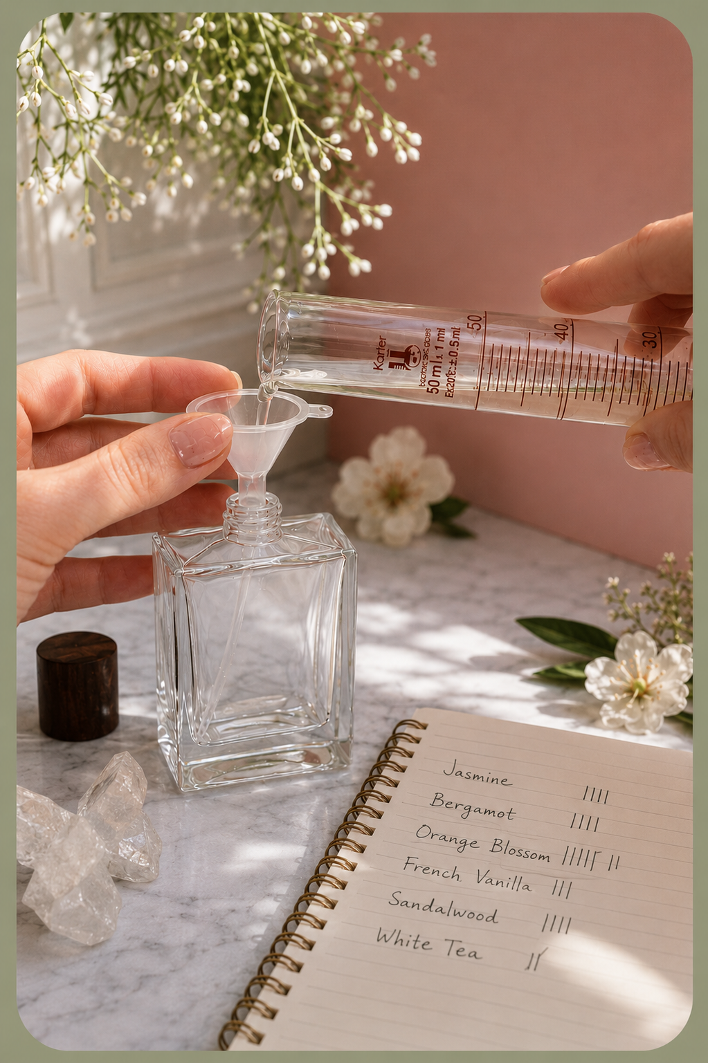 perfumer pouring perfume into a bottle with notebook with formula written on it.png