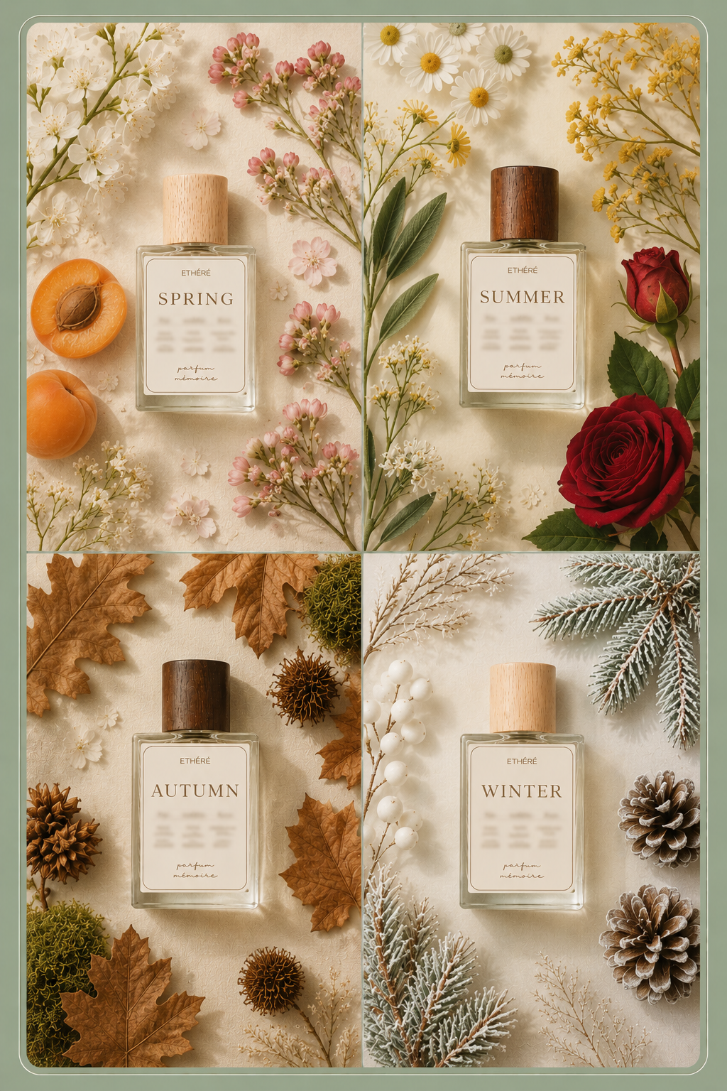 four seasons image of spring summer autumn and winter seasonal collection natural perfumes by ethere parfum