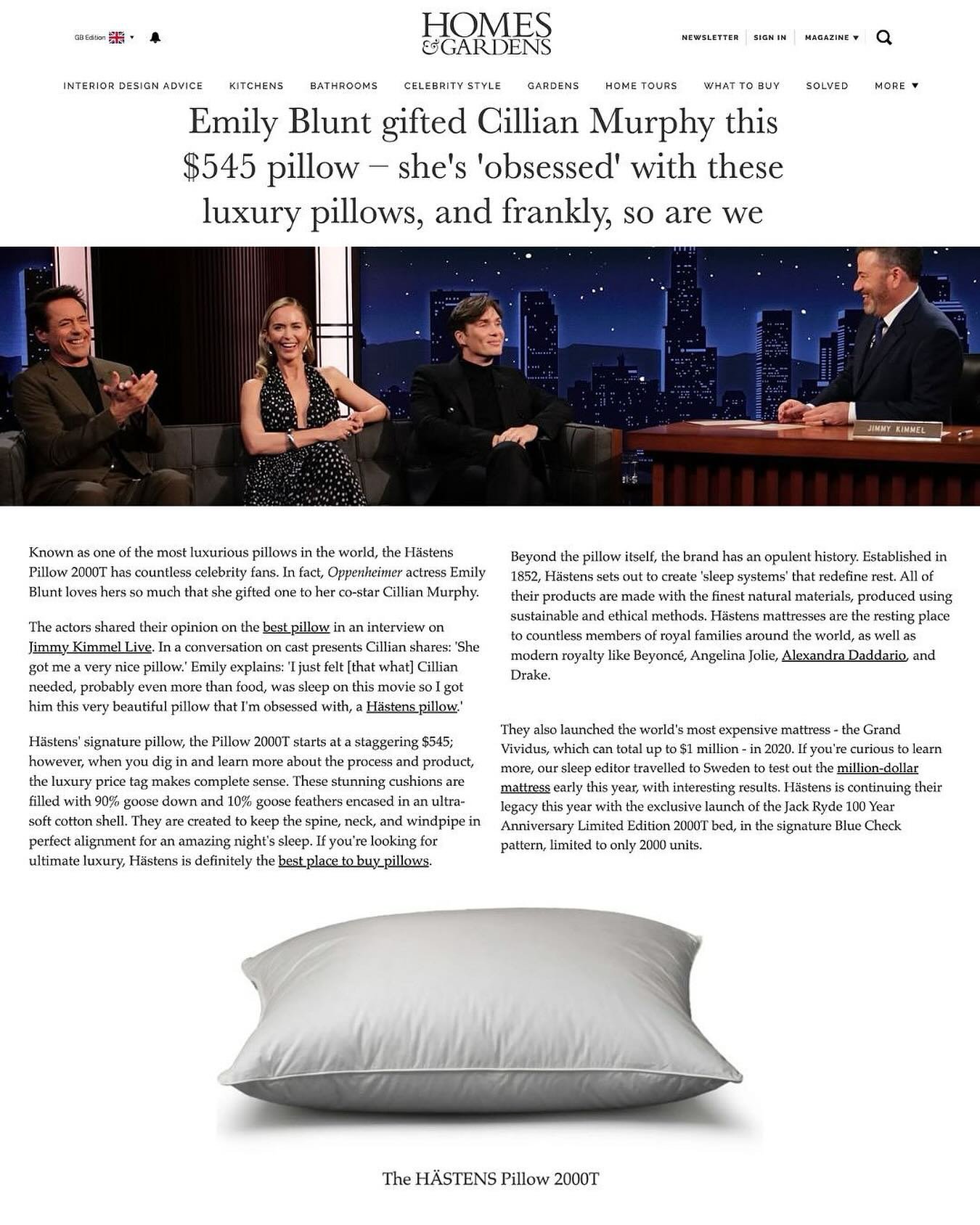 Emily Blunt &amp; Cillian Murphy swear by the @hastensbeds 2000T Pillow for the perfect nights sleep 💤💫 huge thank you @homesandgardensofficial for covering! 

#CTPRClient #Hastens #JimmyKimmel #Sleep