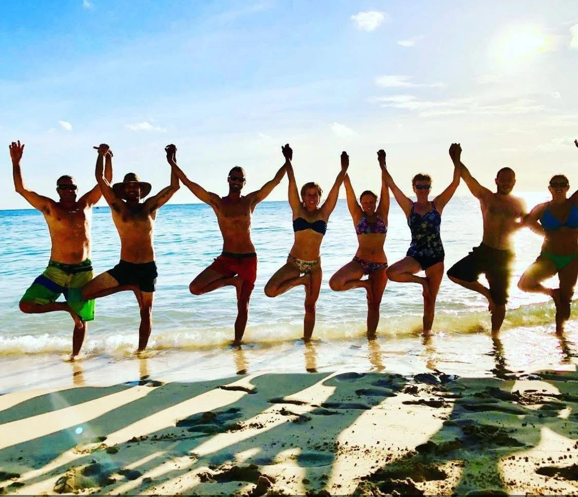 Group of eight friends in swimsuits standing in shallow ocean water, holding hands and forming a line at the beach during sunset.