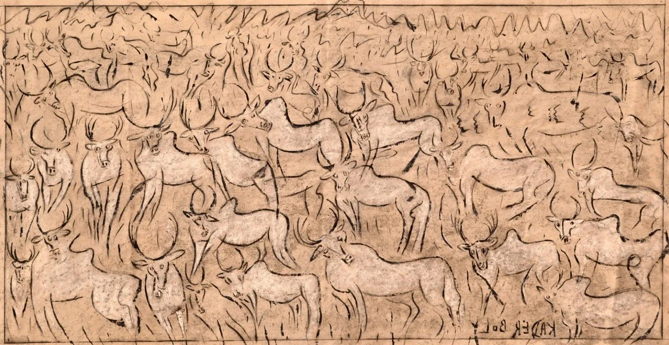 A sketch of numerous bulls with prominent horns, some with tags, drawn in black ink on beige paper.
