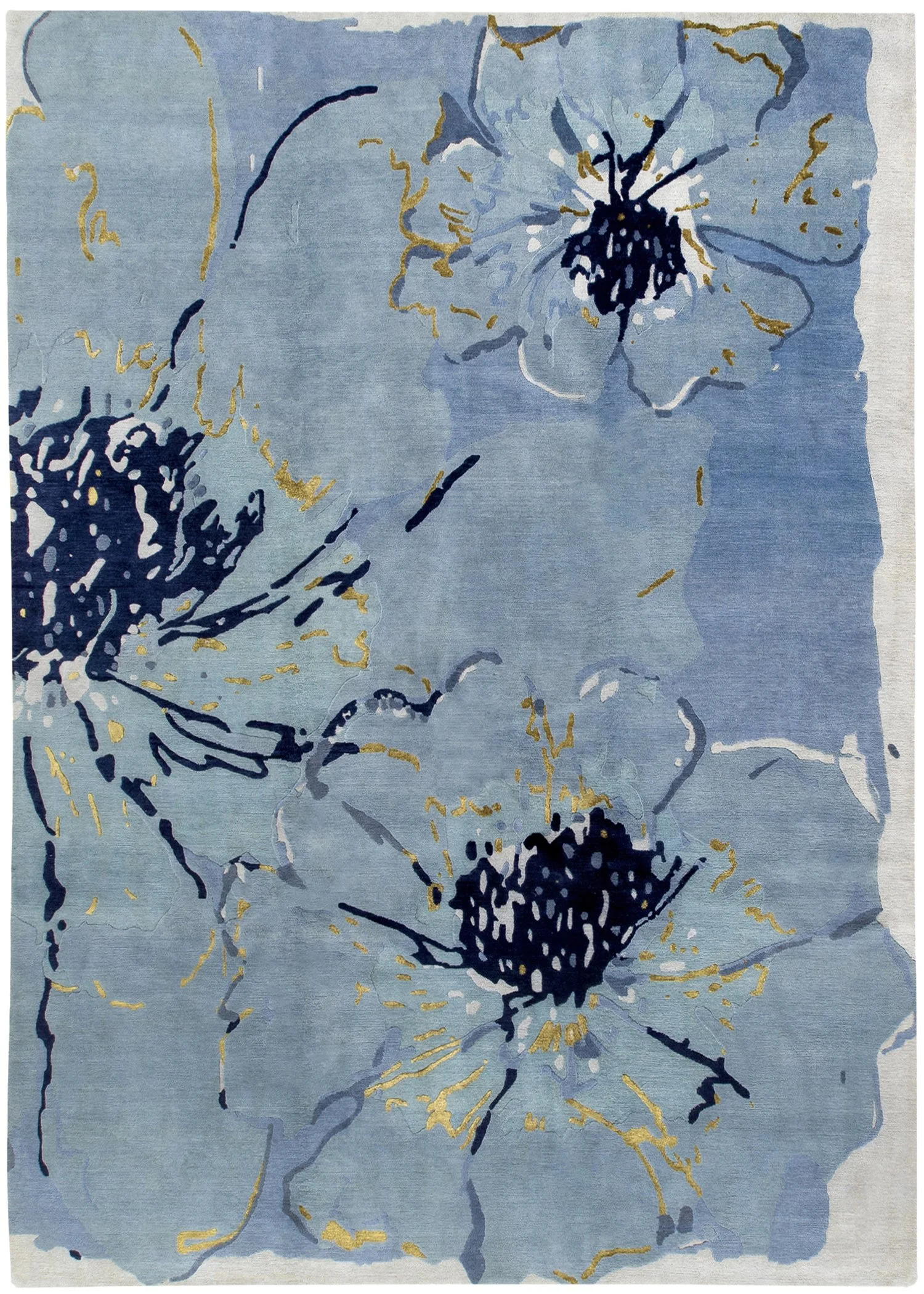 A floral-patterned rug with blue and white flowers outlined in black and gold accents.