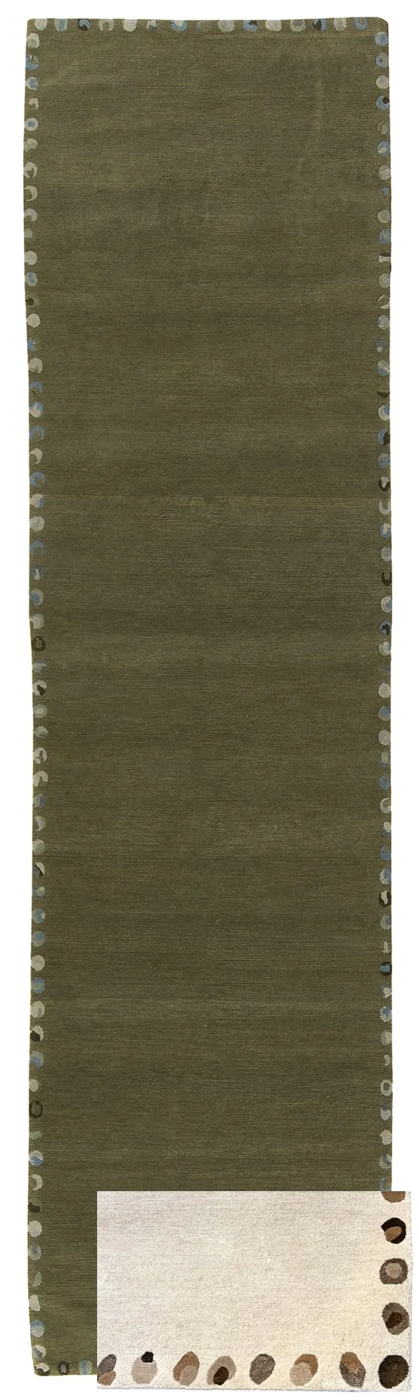 A rectangular area rug with a solid olive green center, a light beige border in the corner, and a dotted border pattern in blue, beige, and black around the edges.