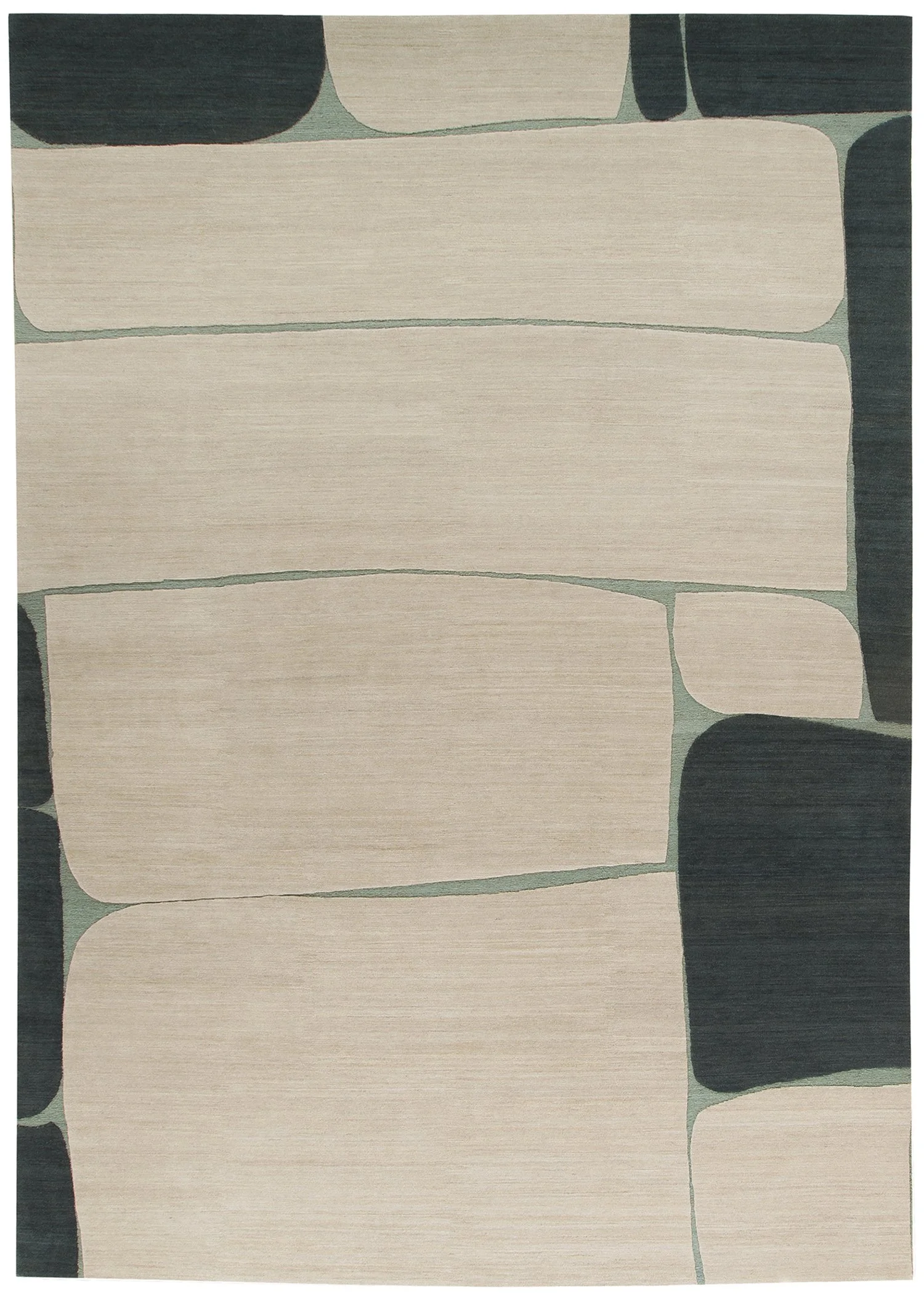 A modern area rug with a pattern resembling stylized stones in beige, black, and muted green tones.