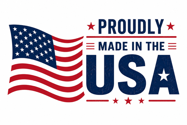 American flag with text 'Proudly Made in the USA' in red and blue.