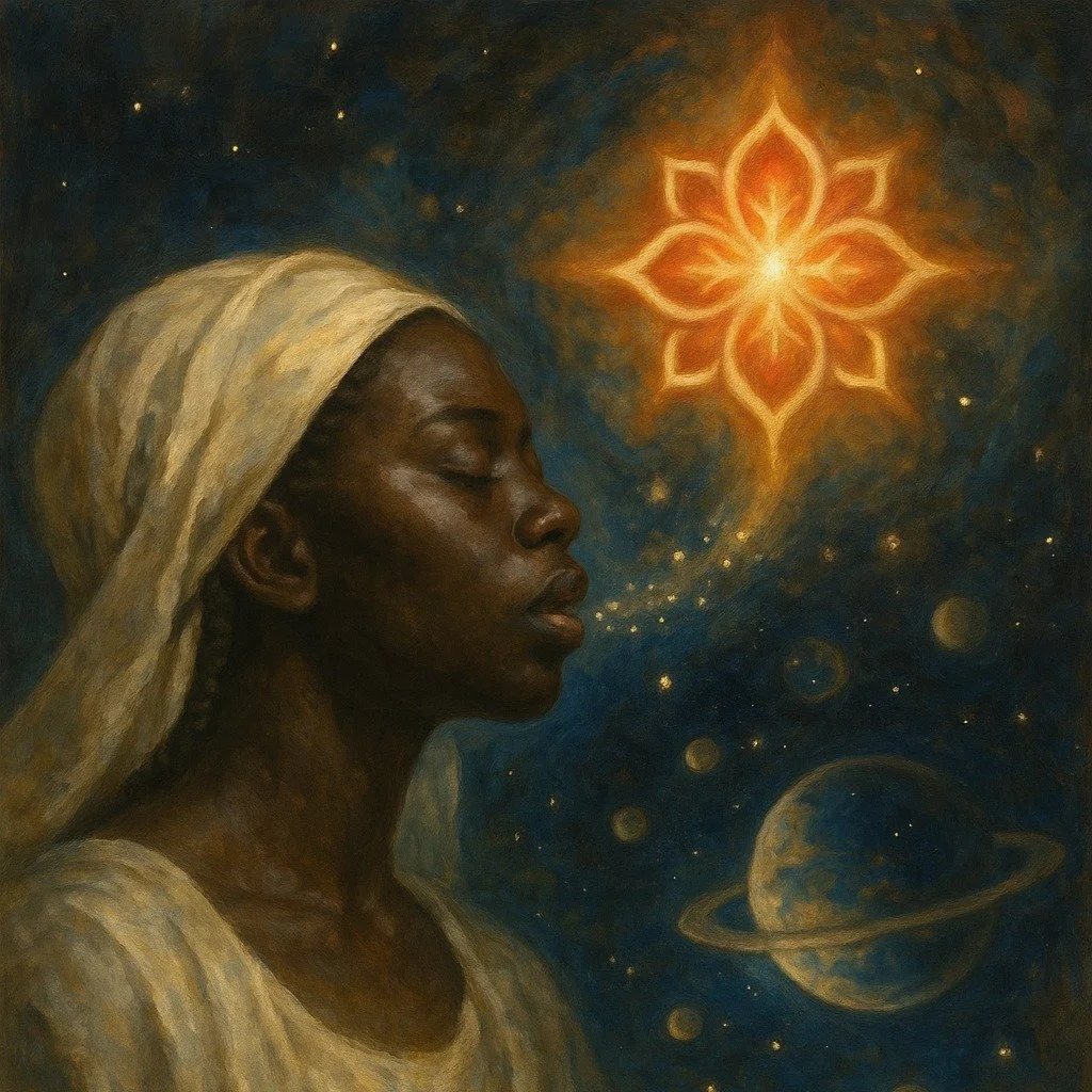 From her open mouth bloomed the Rose Star,
and around it spun the bones of the cosmos.
Worlds like pearls spun into being,
moons like tear-shaped children clung to them,
and sky became a bowl to hold them all.

But She still slept.

And in her sleep,