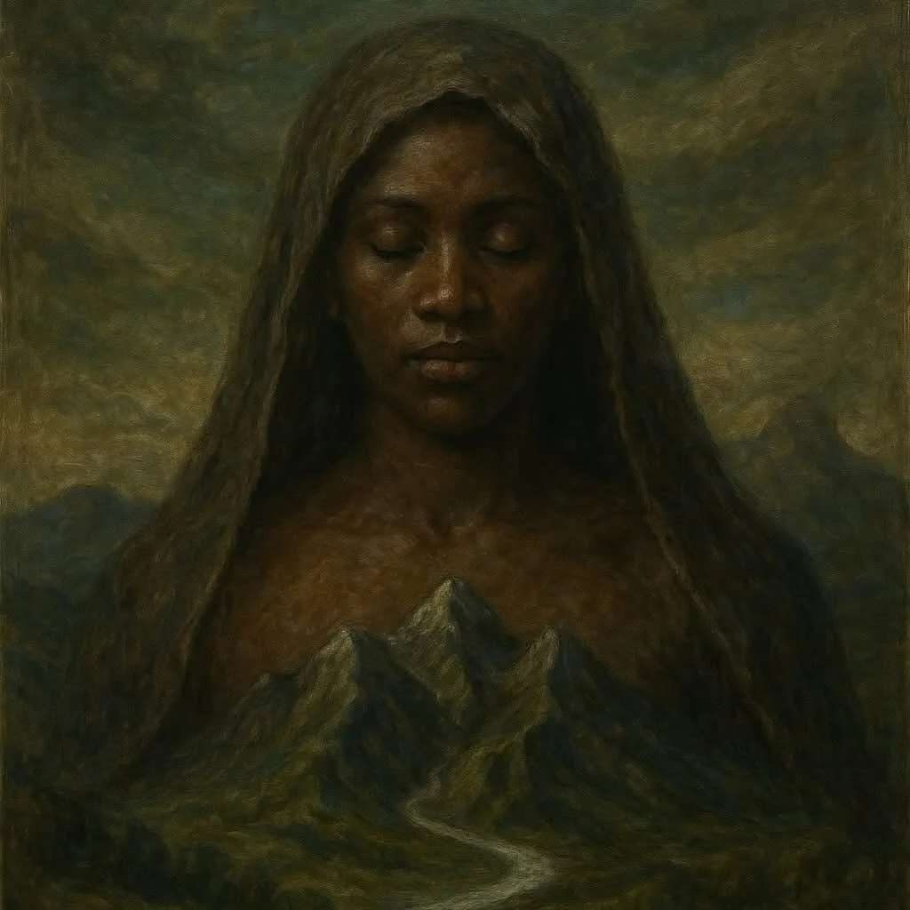 She made one final descent.
This time, to the root and stone.
Into silence so heavy it could bear flesh.
She entered the world not as queen but as cradle.
Her body became soil.
Her bones became mountain.
Her milk flowed in rivers.
Her breath turned t