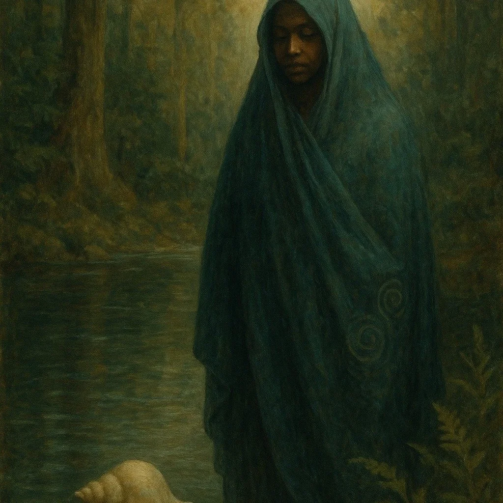 And The Veil Remains
She rests still.
Not gone, not sleeping,
but around us.
Seen and unseen.
In every womb, every storm, every spiral of fern.
She is the shell and the sea, the stone and the story.
The veil is not to keep us from her&mdash;
It is to