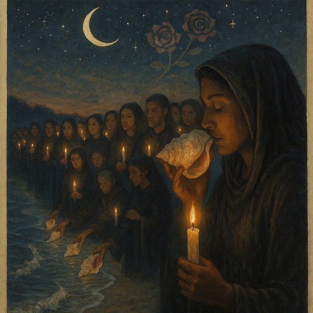 🌒 In the hush of the new moon, we remember who we are.

🕯️ Rose Star Vigil
🗓️ First new moon of autumn
🌌 Theme: Ancestral Memory &middot; Silence &middot; Reverence

We walk in processions, whisper the names of our dead into conch shells, and cas