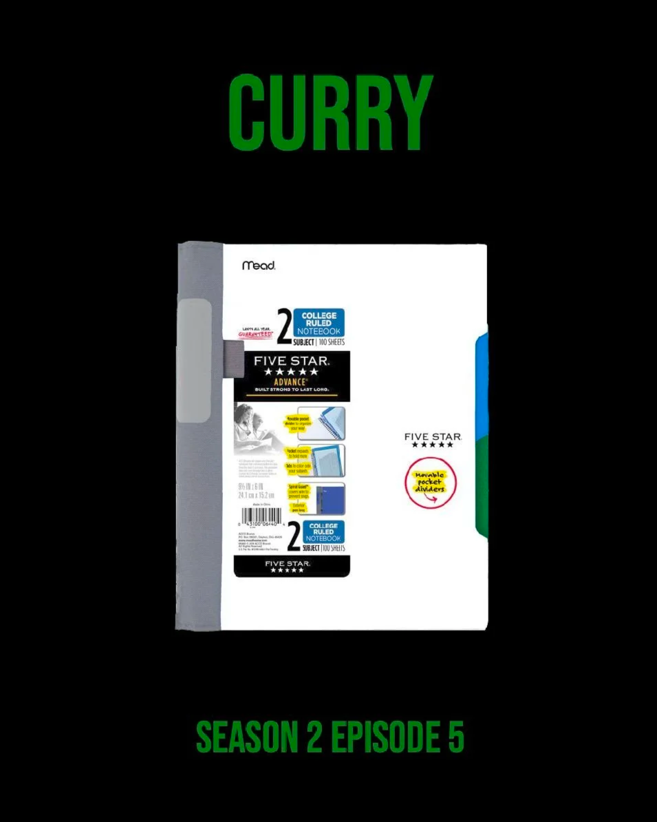 Poster for Curry (S2E5), which features the character Claude's notebook, which is lost in the episode and spurs most of the major events thereafter.