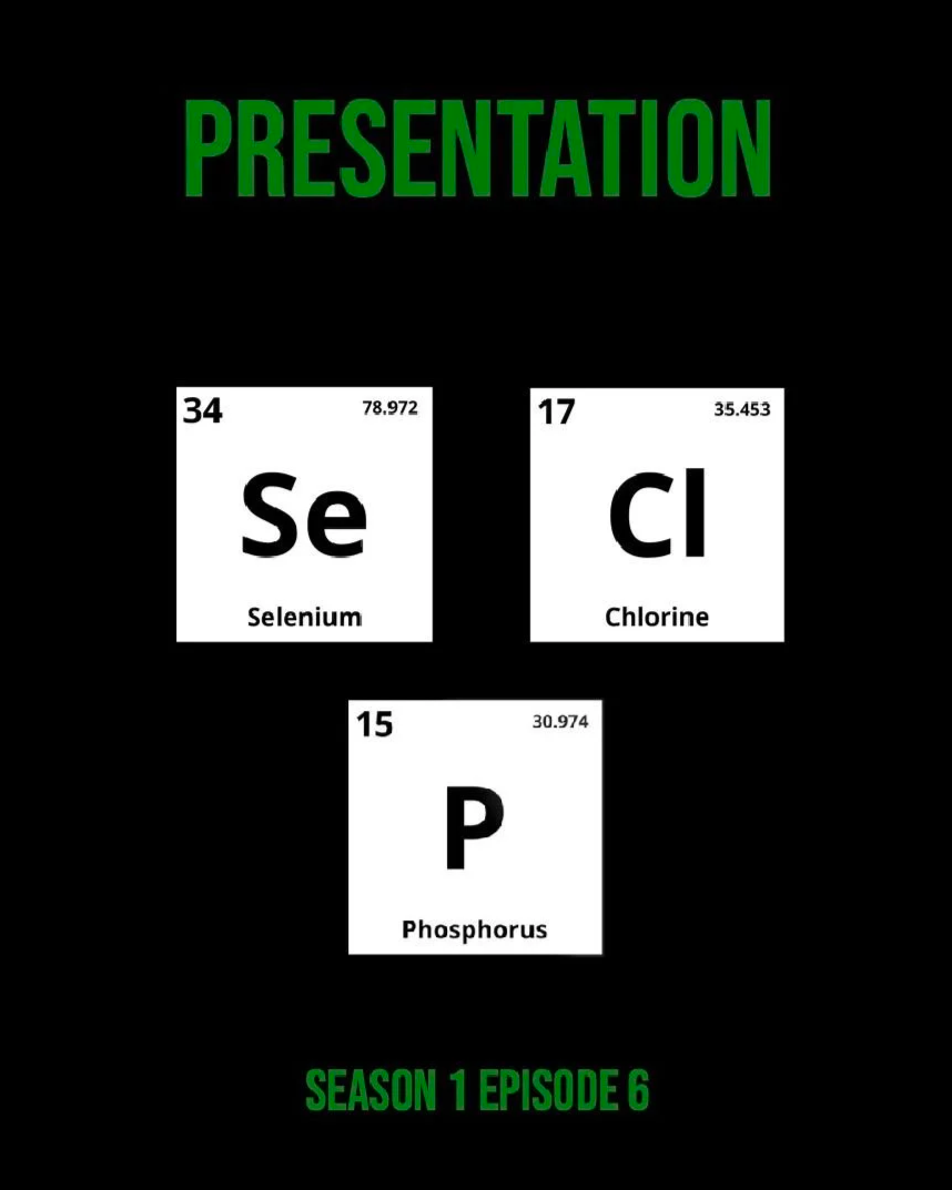 Poster for Presentation (S1E6), highlighting the elements that the three main characters present on during the episode.