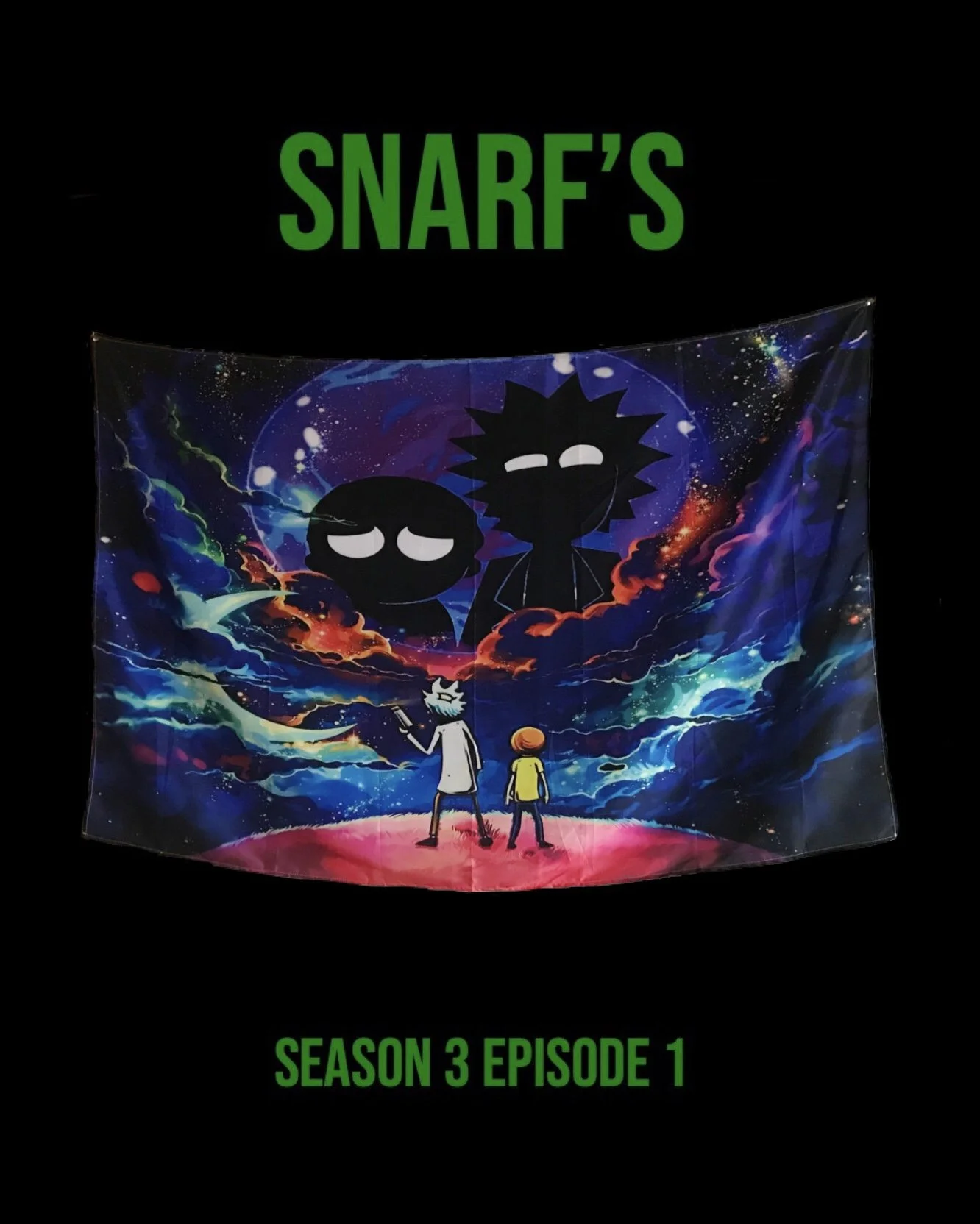 Poster for Snarf's (S3E1), highlighting the Rick and Morty flag which is prominently featured at the beginning of the episode.