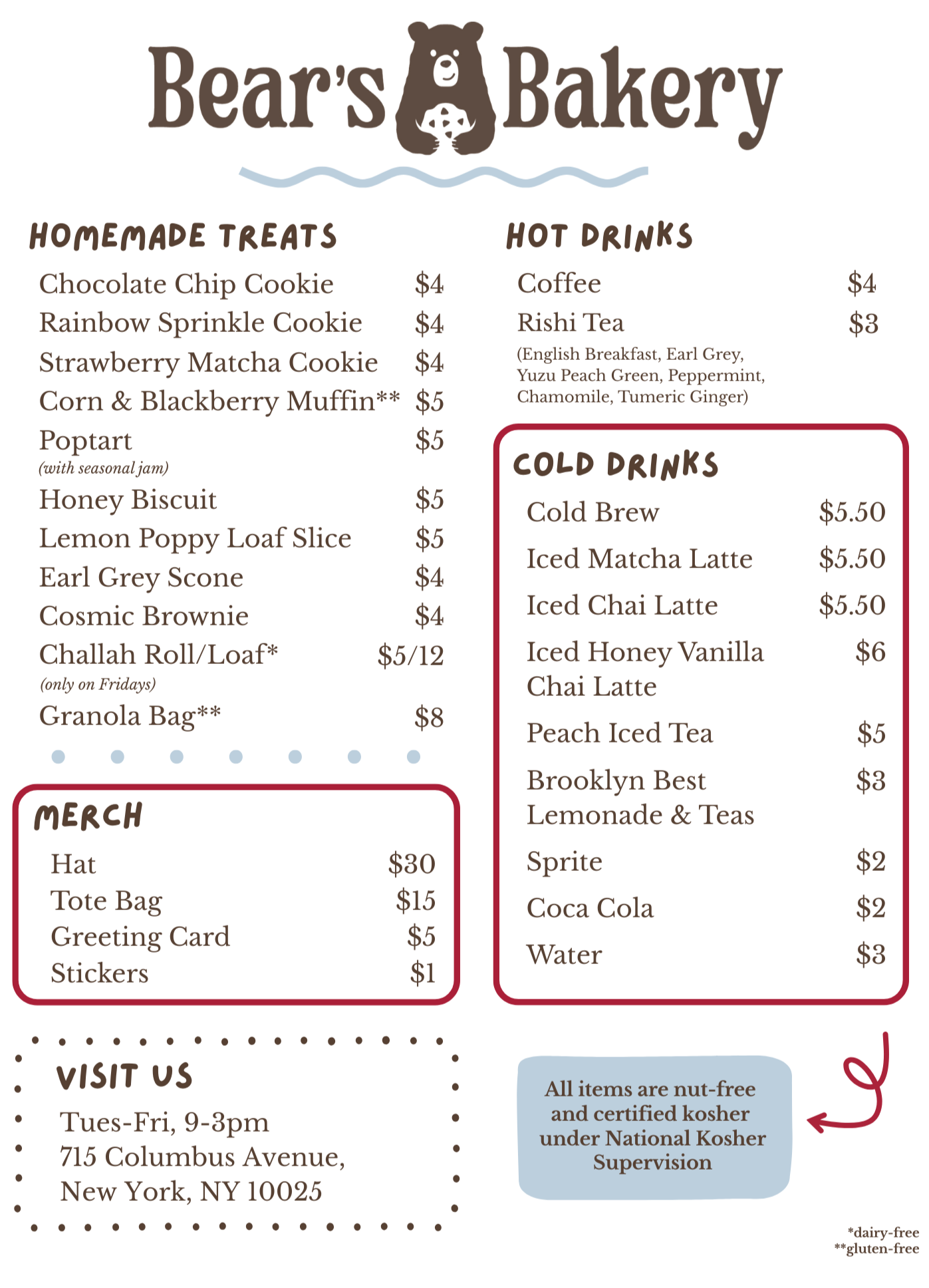 Menu from Bear's Bakery with homemade treats, hot and cold drinks, and merchandise. Items include cookies, muffins, poptarts, biscuits, loaves, and drinks like coffee, tea, lattes, iced tea, soda, water. Merchandise such as hats and tote bags. Address details provided.