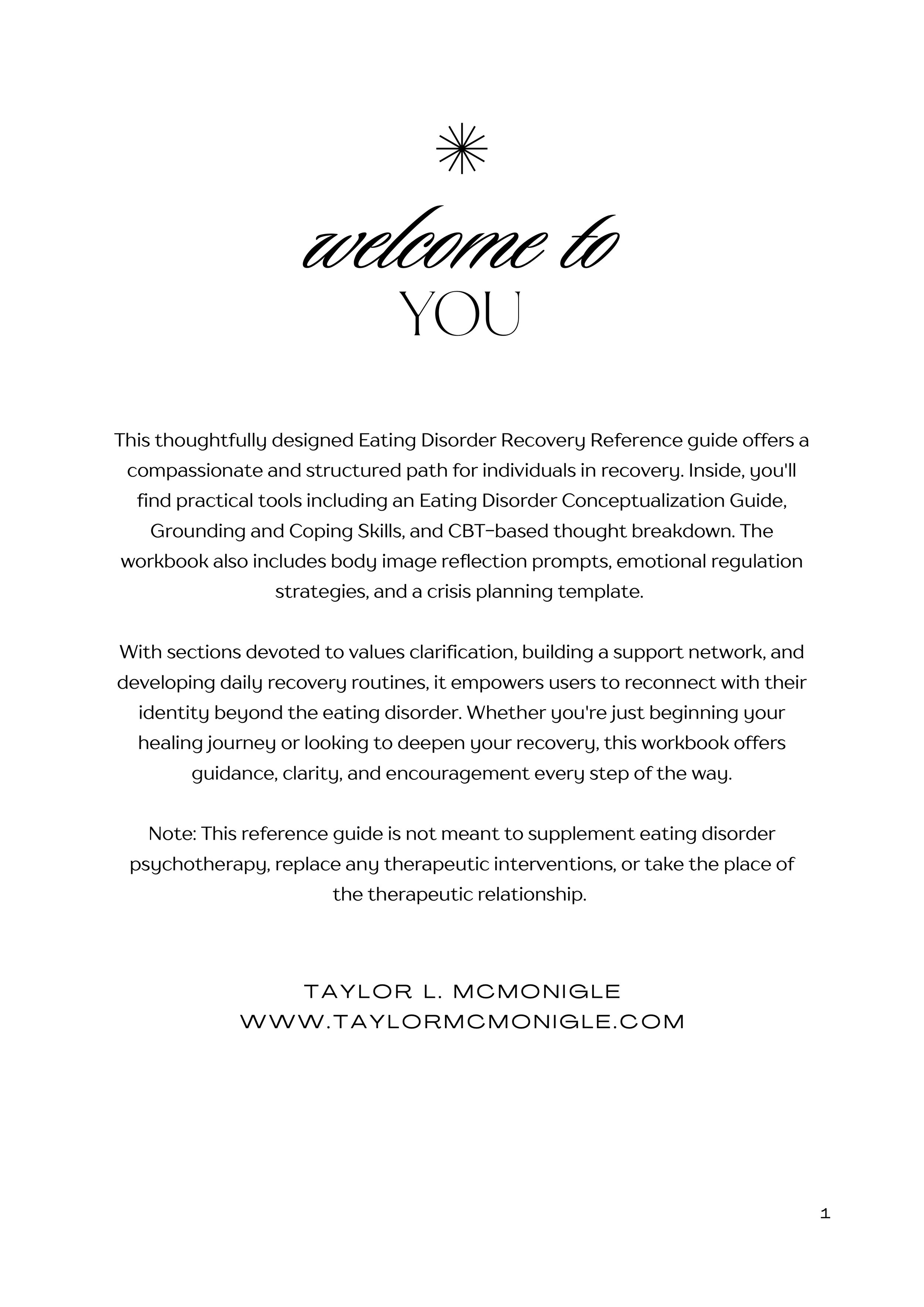 Welcome page of the Eating Disorder Recovery Workbook – introduction to supportive recovery journey with worksheets and tools