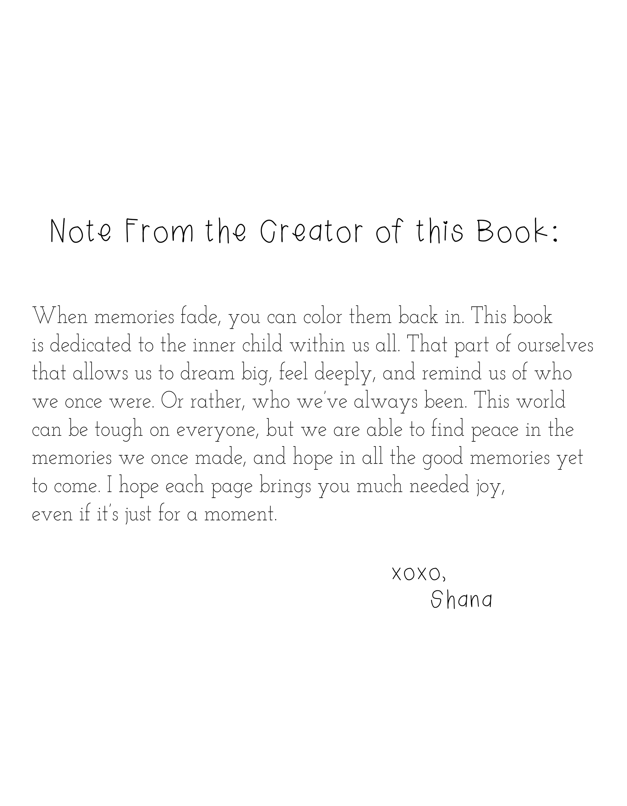 Page with a note from the creator of a book, discussing inner childhood and memories, ending with a signature 'XOXO, Shana'.