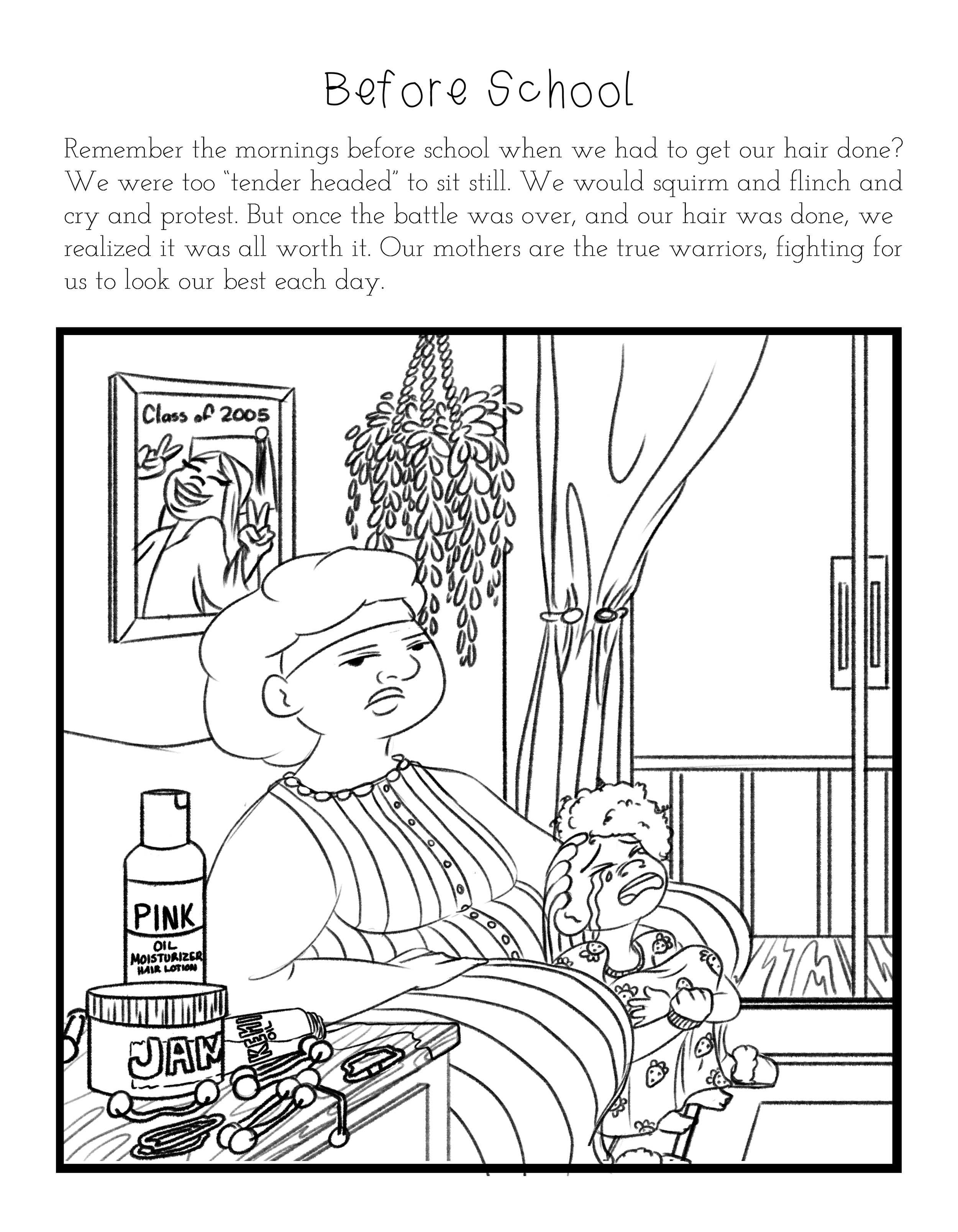 Black and white coloring page showing a mother and her child sick on the couch, with the mother looking tired and the child crying. Items on the table include a jar of jam, a bottle labeled "Pink Oil Moisturizer," and a tube of medicine or ointment.