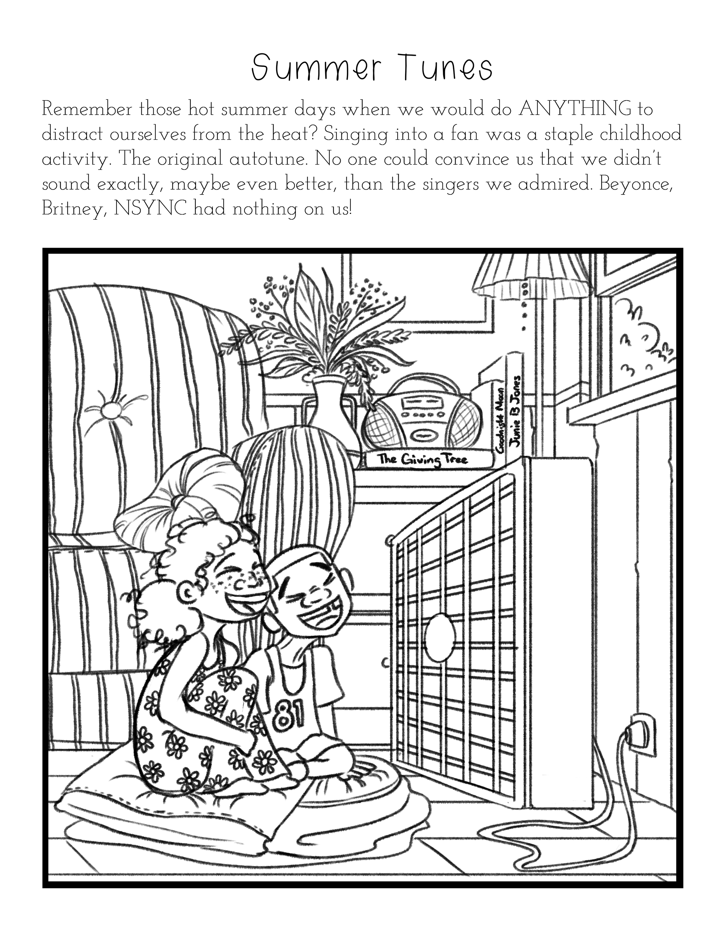 A black and white line drawing of two kids sitting on a blanket on the floor, laughing and having fun. Behind them is a striped couch, a window with a curtain, a table with a potted plant, a stereo, and a bookshelf with a book titled 'June 13 Days'. There is a large hatch or gate, and an electrical outlet with a plug and cord on the wall.