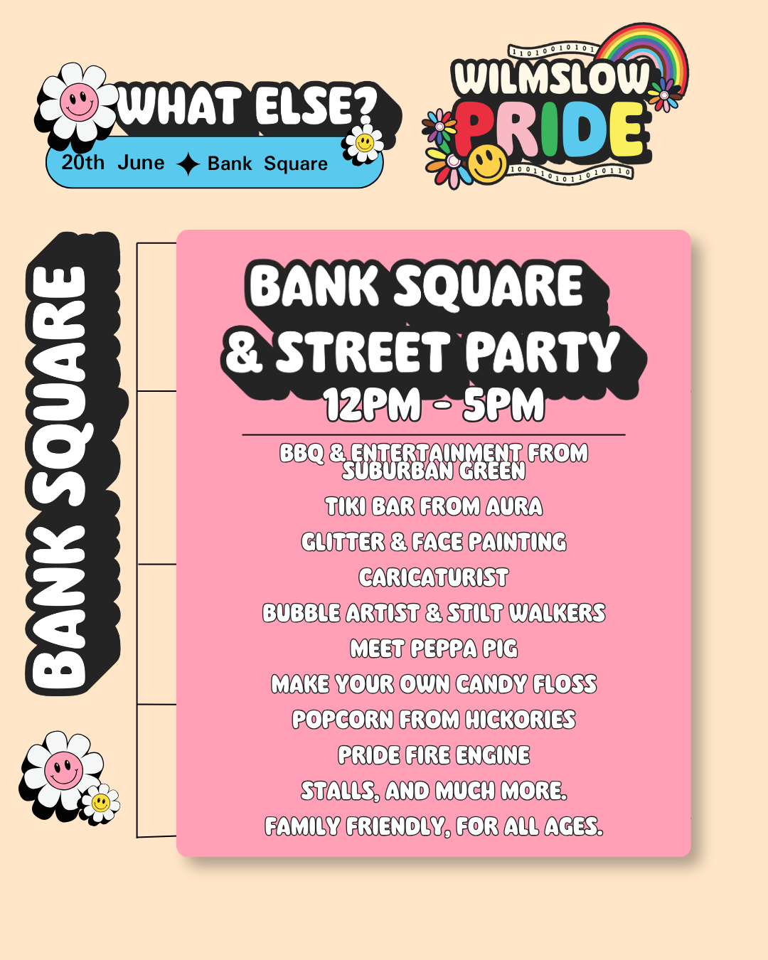 Event poster for Willslow Pride featuring a street party at Bank Square on June 20th from 12 PM to 5 PM with activities like BBQ, entertainment, face painting, caricatures, bubble artists, Peppa Pig meet-and-greet, candy making, popcorn, pride fire engine, and stalls for all ages.