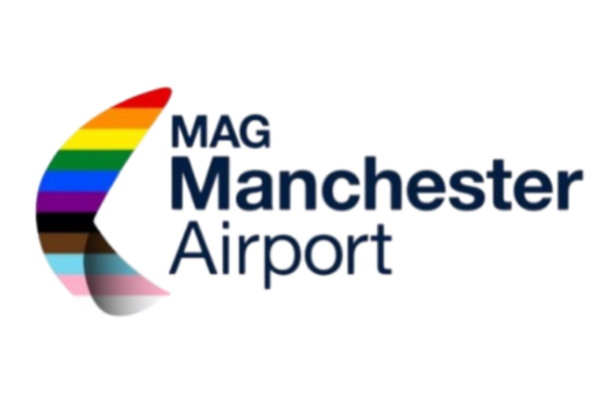 Logo for MAG Manchester Airport with a rainbow-colored crescent shape and dark blue text.