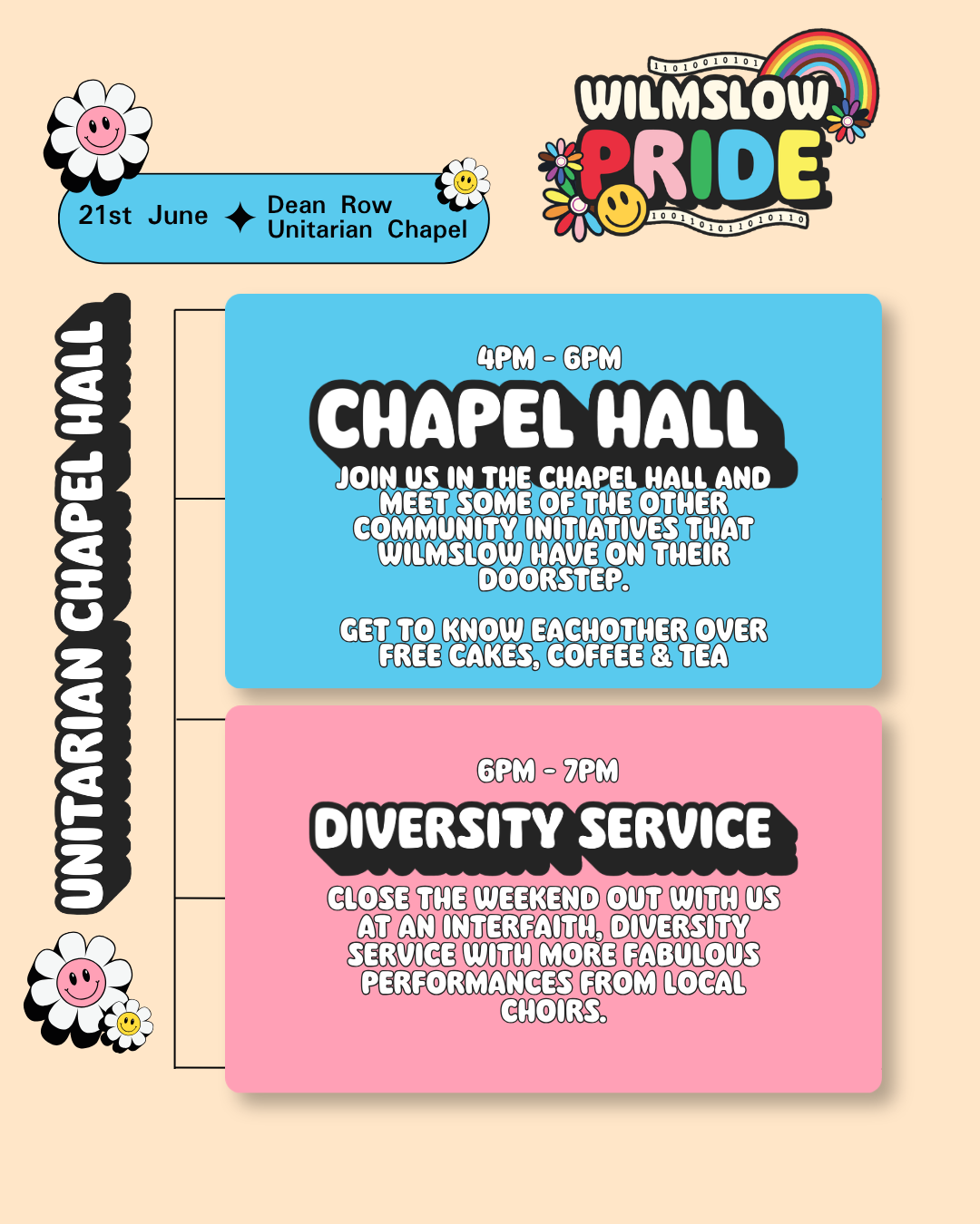 Flyer for Wilmslow Pride event featuring a blue and pink schedule with community activities at Dean Row Unitarian Chapel on June 21st. The blue section advertises a chapel hall meet and greet from 4pm to 6pm with free cakes, coffee, and tea. The pink section promotes a diversity service from 6pm to 7pm with performances by local choirs. The top has colorful flowers, smiley faces, a rainbow, and the Wilmslow Pride logo.