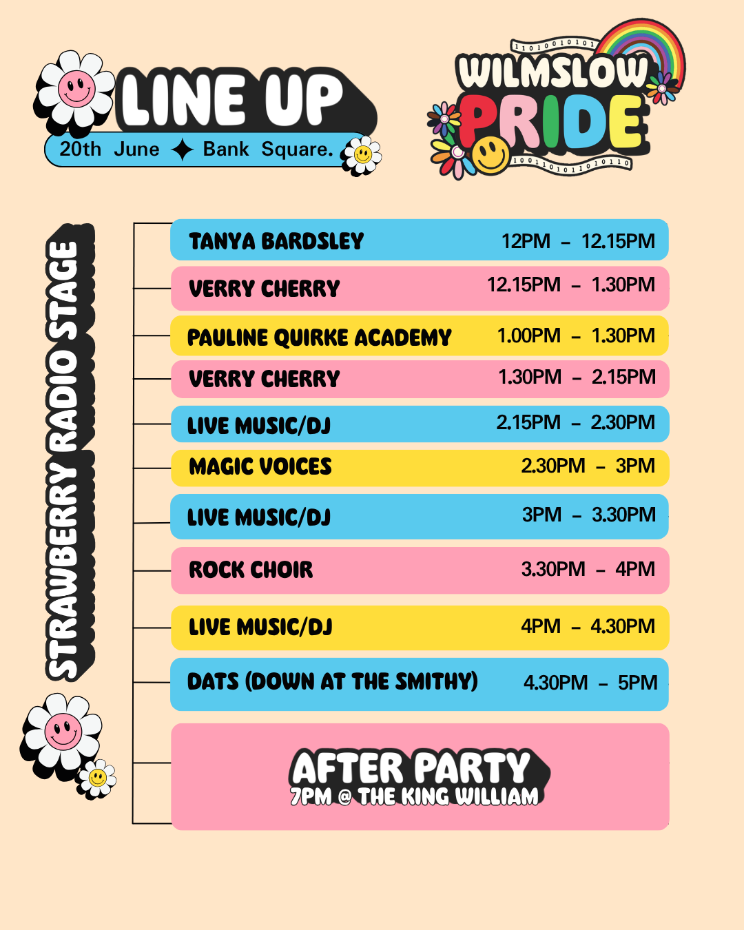 Event lineup poster for Wilmington Pride, taking place on June 20th at Bank Square. The schedule includes performances by Tanya Bardsley, Verry Cherry, Pauline Quirke Academy, live music and DJ sets, Magic Voices, rock choir, Dats, and an after-party at The King William.
