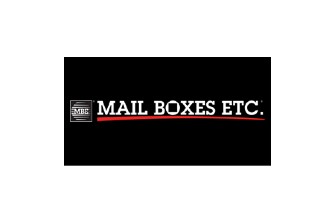 Logo with the text 'MAIL BOXES ETC.' in bold white letters on a black background, with a red underline and a small icon of a mailbox to the left.