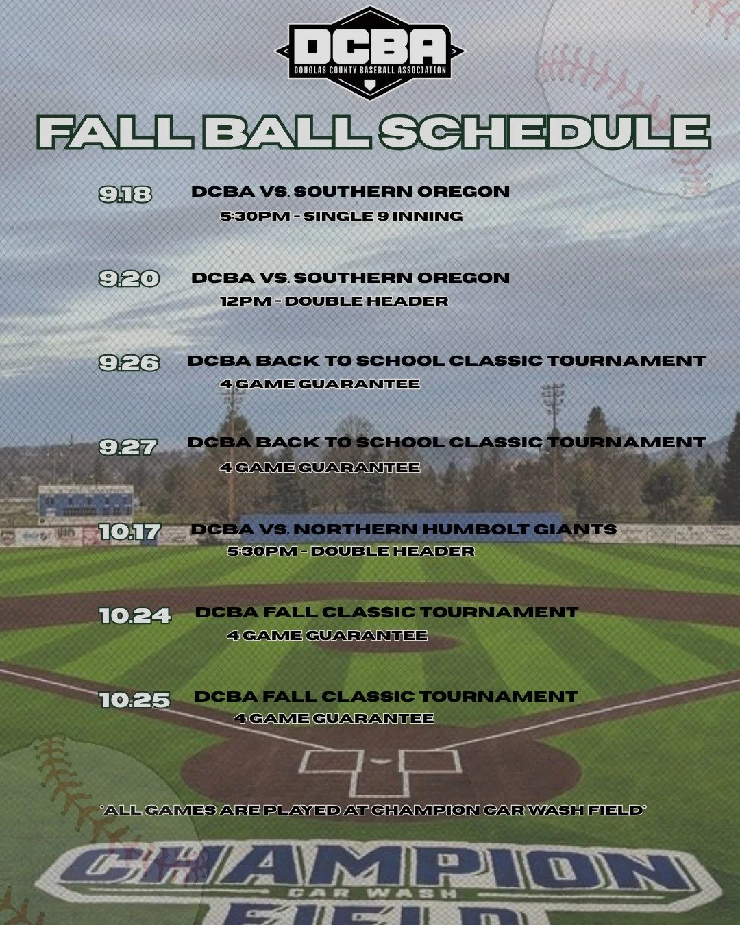 Fall Ball is here! ⚾️🔥
We can't wait to see our players back in action, and our fans back in the stands! 

First game is September 18th, hope to see you there 🤘🏼 #playdcba