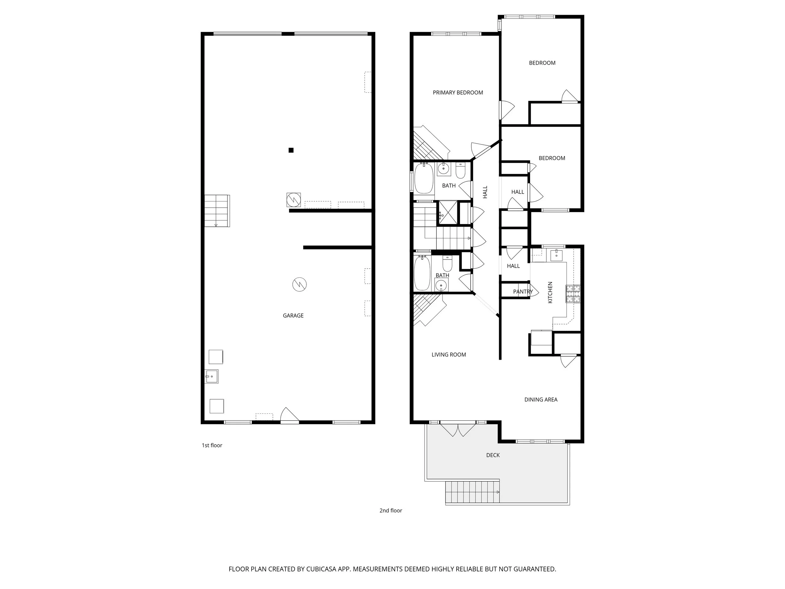 Floor plan of a two-story house with designated areas for a garage, living room, kitchen, dining area, bedrooms, bathrooms, hallways, pantry, deck, and stairs.