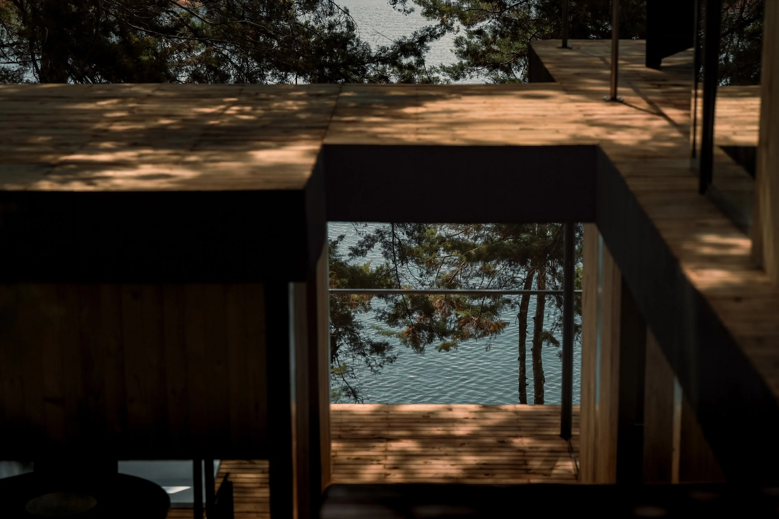 Vista desde una estructura de madera junto a un cuerpo de agua y árboles en el fondo.