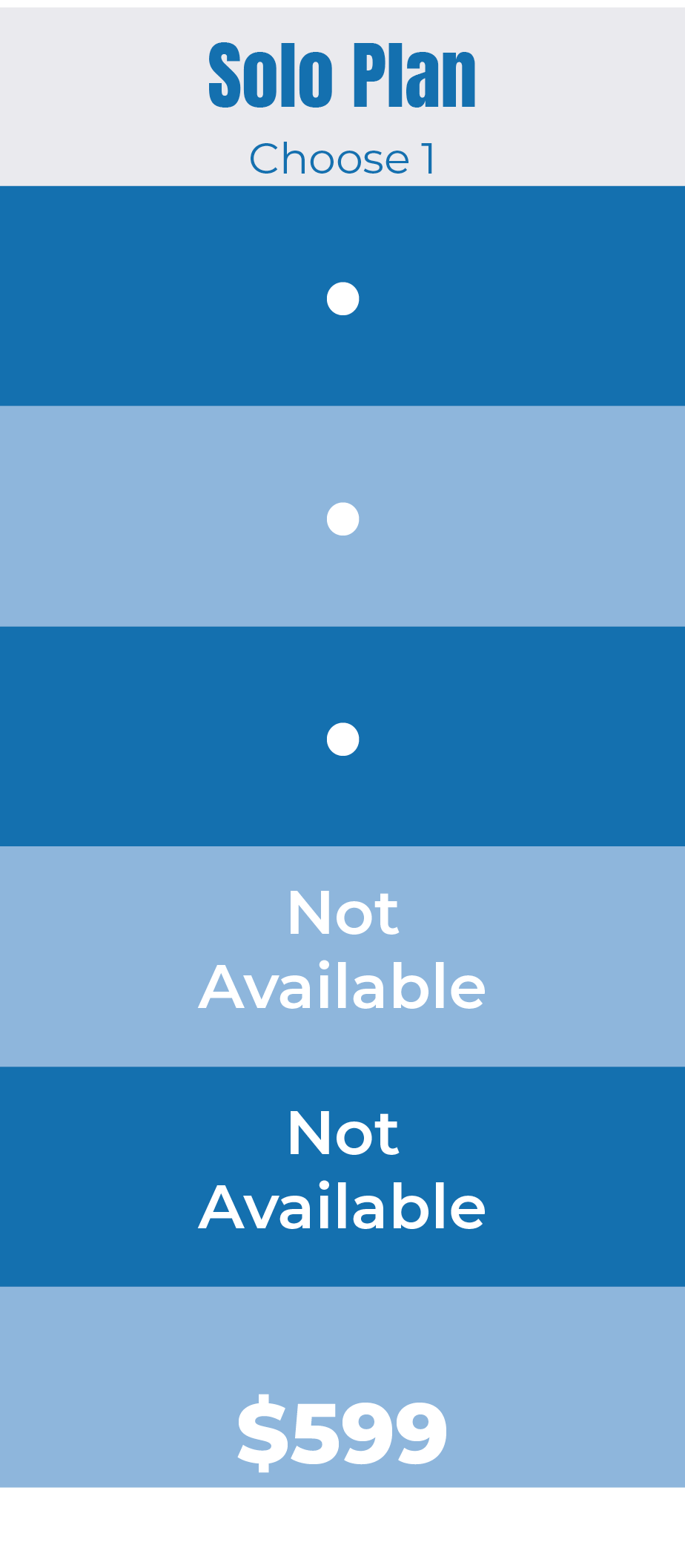 A digital interface for selecting a solo plan, showing three options with checkboxes, two marked as not available, and a price of $599 at the bottom.