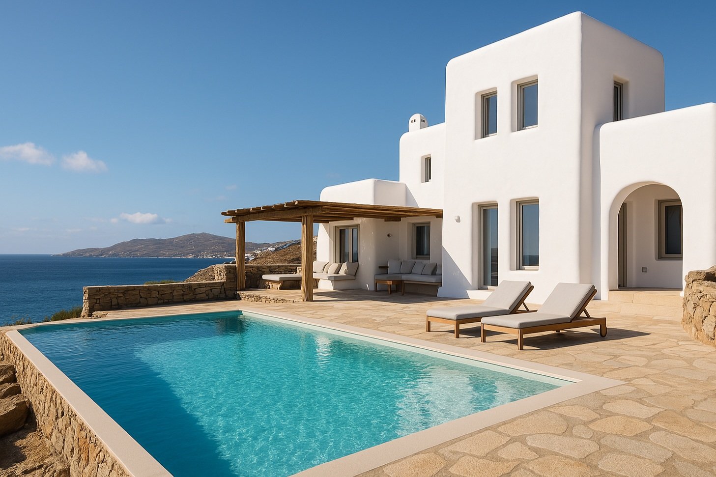 this is a photo that shows a beautiful villa in the island of mykonos in summer time.