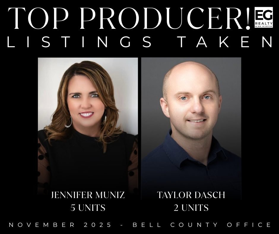 Top Producer recognition 🌟
Congratulations to Jennifer Muniz (5 listings) and Taylor Dasch (2 listings) in our Bell County office for earning Top Producer for Listings Taken in November. Way to go!!