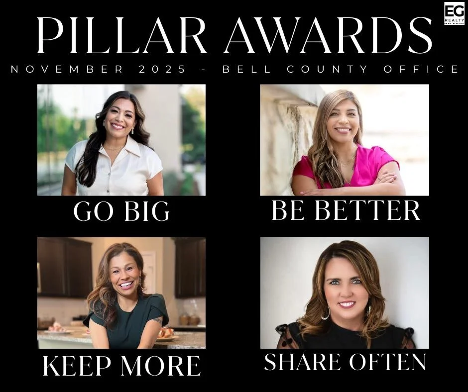This is what EG looks like in action ✨
Congratulations to our November 2025 Pillar Award winners in the Bell County office for embodying what it means to:

Go Big &ndash; Larissa Garcia
Be Better &ndash; Pricilla Paniagua
Keep More &ndash; Toni Salaz