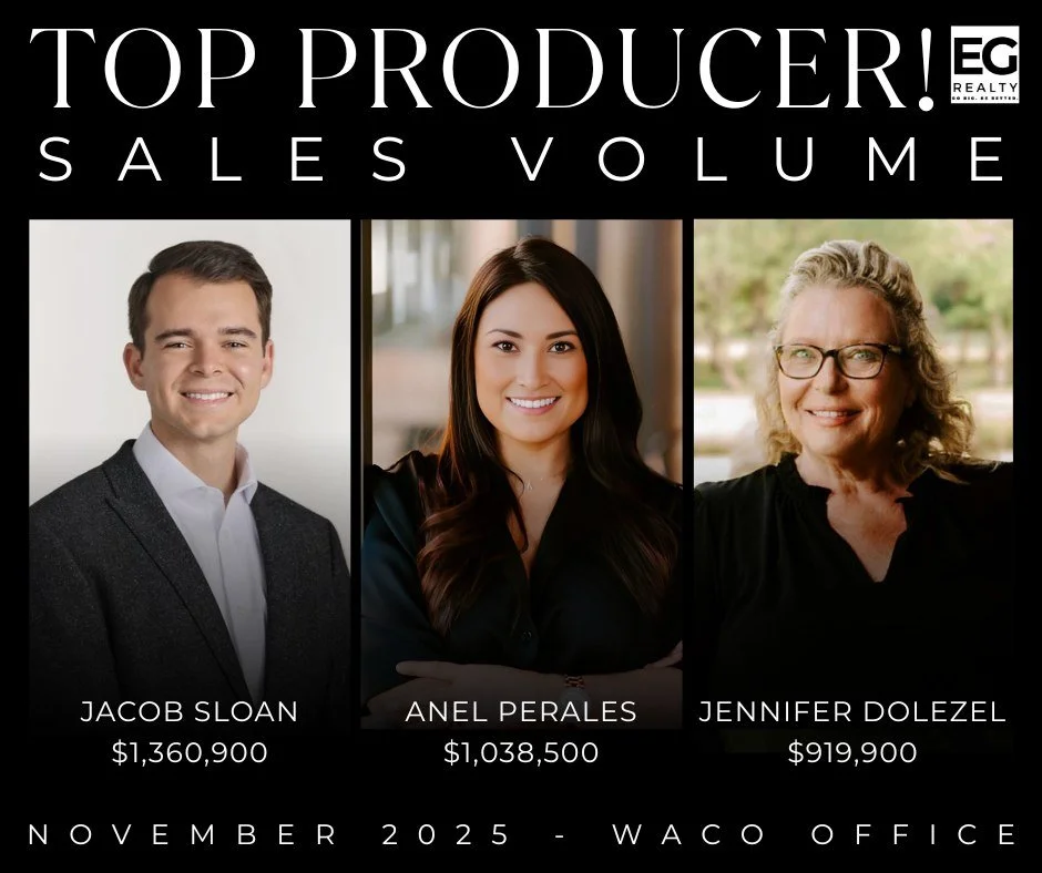 Big numbers. Bigger impact. 🖤

Celebrating our Waco office Top Producers for sales volume in November:
Jacob Sloan &ndash; $1,360,900
Anel Perales &ndash; $1,038,500
Jennifer Dolezel &ndash; $919,900

Results like these come from trust, strategy, an
