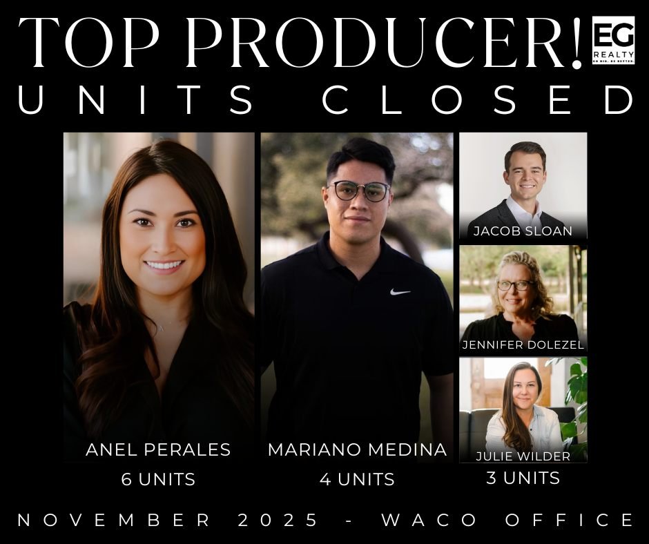Top Producers. Real results. 🖤

Shoutout to our Waco office standouts who led the way in units closed for November:
🏆 Anel Perales &ndash; 6 units
🏆 Mariano Medina &ndash; 4 units
🏆 Jacob Sloan &ndash; 3 units
🏆 Jennifer Dolezel &ndash; 3 units
