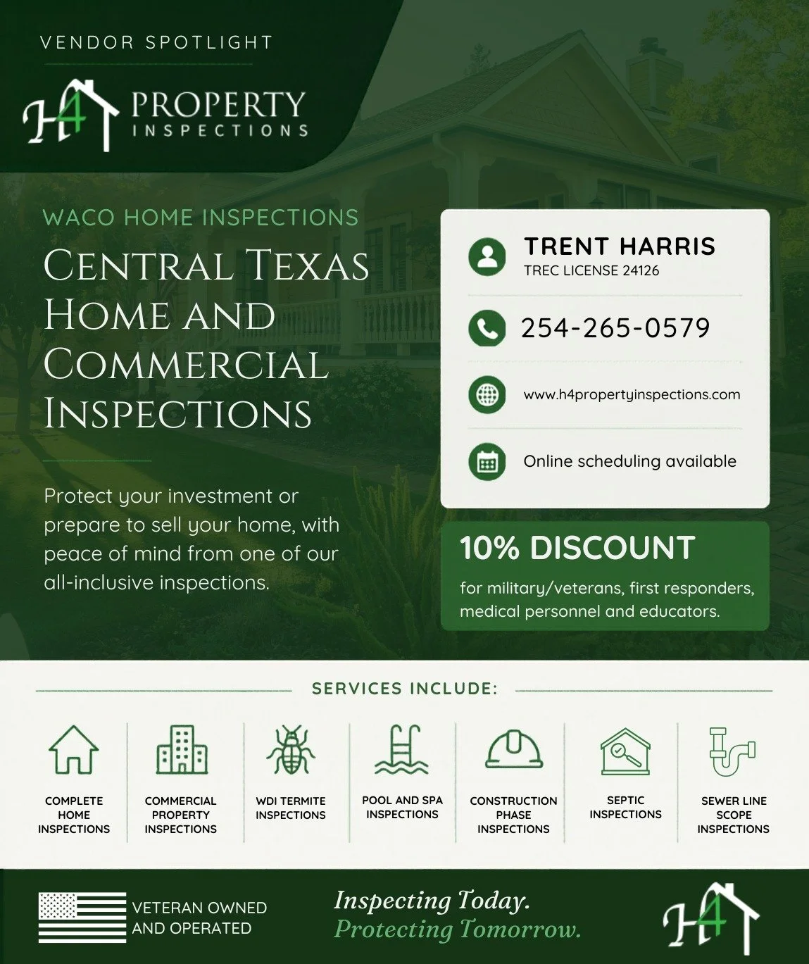 Vendor Spotlight: H4 Property Inspections!

We're proud to spotlight H4 Property Inspections, a valued sponsor for BK Builder's Parade of Home entry! Led by Trent Harris, H4 provides thorough home and commercial inspections across Central Texas, help