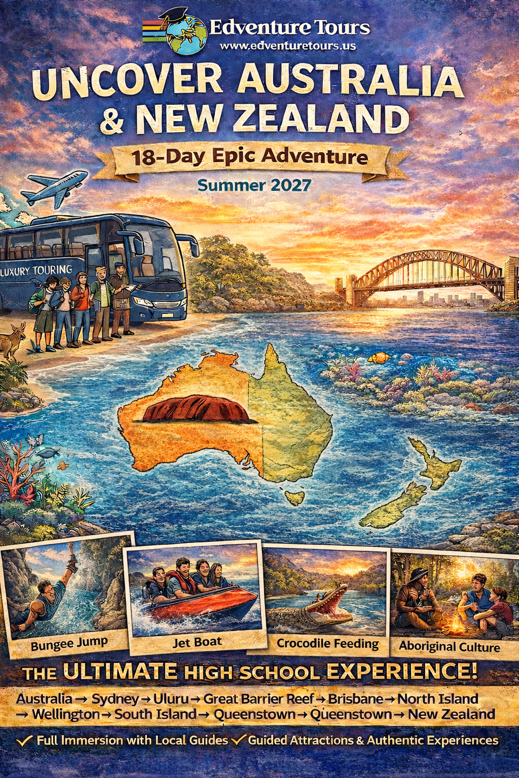 A colorful travel poster advertising an 18-day adventure tour from Australia to New Zealand with images of a tour bus, scenery, and activities like bungee jumping, jet boating, crocodile feeding, and cultural experiences, with a map outlining the route.