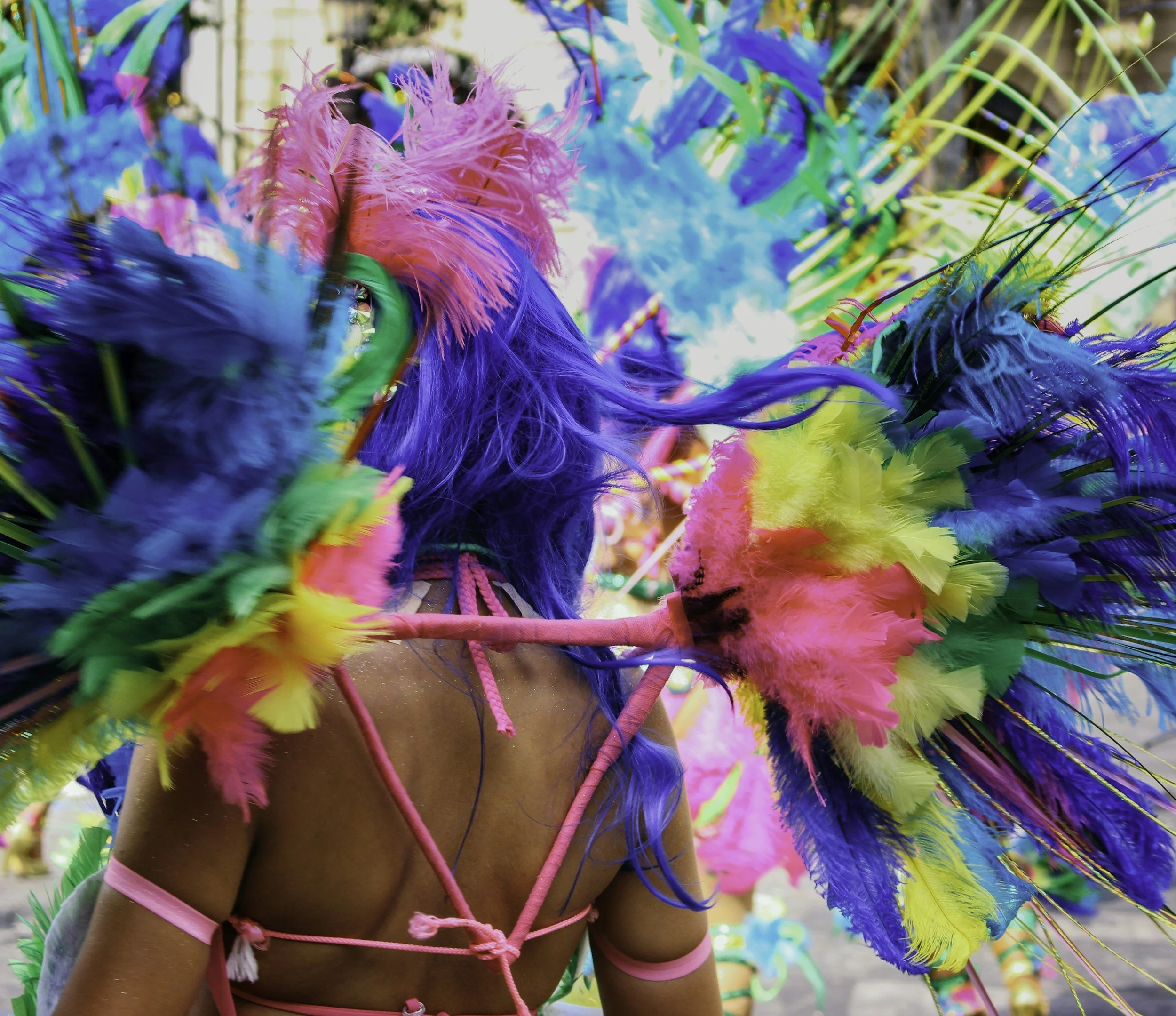 A person wearing a colorful carnival costume with large feathered headdress in pink, blue, green, yellow, and purple, with visible back and shoulder, at a parade or festival.
