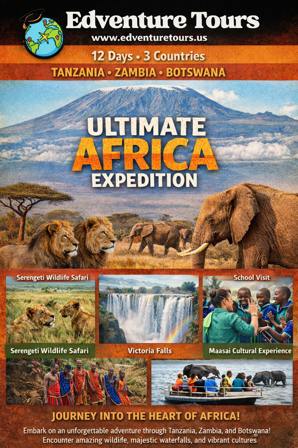 Tour poster for Edventure Tours promoting a 12-day trip through Tanzania, Zambia, and Botswana, featuring wildlife safaris, Victoria Falls, school visits, and cultural experiences.