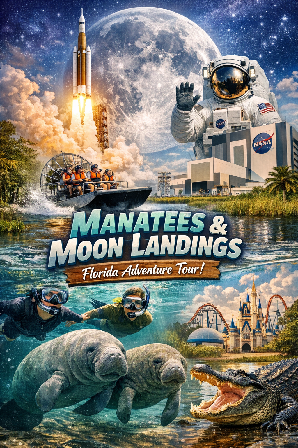 A promotional poster for Manatees & Moon Landings: Florida Adventure Tour. The poster features a launch pad with a rocket, a large NASA building, and an astronaut waving. Below, people are riding a water hovercraft, and two people are snorkeling with manatees and an alligator, with a castle and amusement park rides in the background.