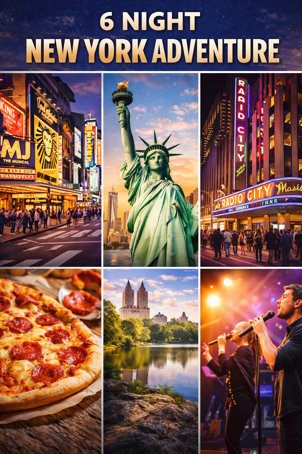 Collage of a New York City night scene with Times Square, the Statue of Liberty, Radio City Music Hall, a pepperoni pizza, Central Park, and a concert with singers.