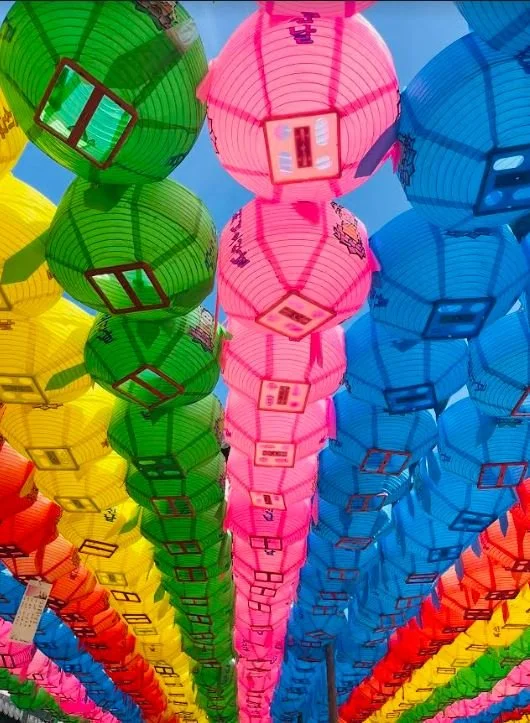 Colorful paper lanterns hanging in rows at a festival, arranged in rainbow order including green, pink, blue, yellow, and red lanterns.