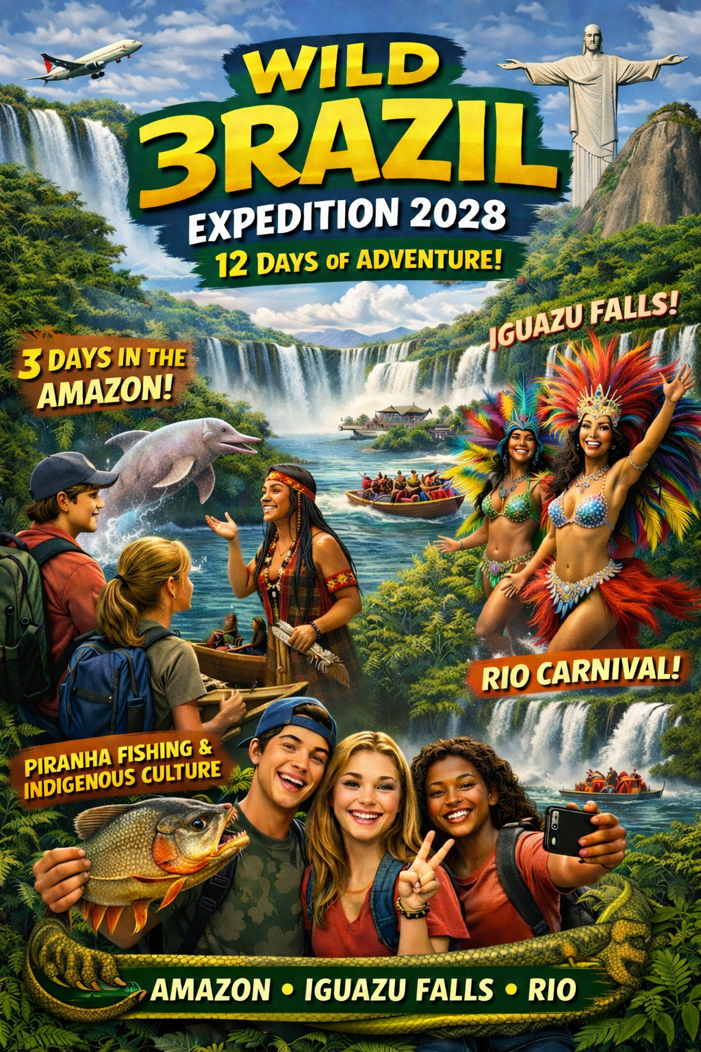Colorful poster for Wild Brazil Expedition 2028 featuring waterfalls, a boat, people in traditional costumes, a dolphin, a large fish, a crocodile, and the Christ the Redeemer statue, promoting adventures in the Amazon, Iguazu Falls, and Rio.