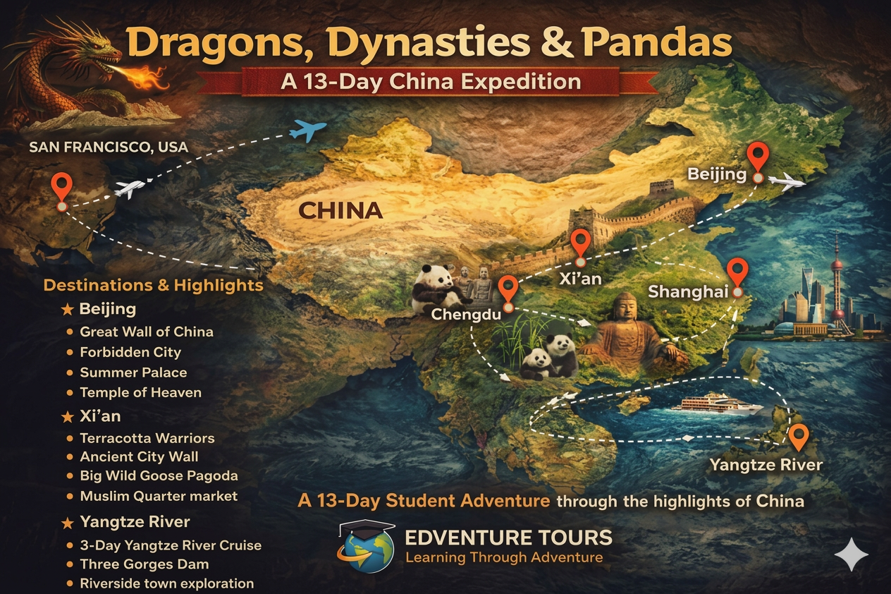 Map showing a 13-day China expedition route for students, highlighting cities Beijing, Xi'an, Chengdu, Shanghai, and Yangon River, with icons of pandas and temples, and a dragon illustration.