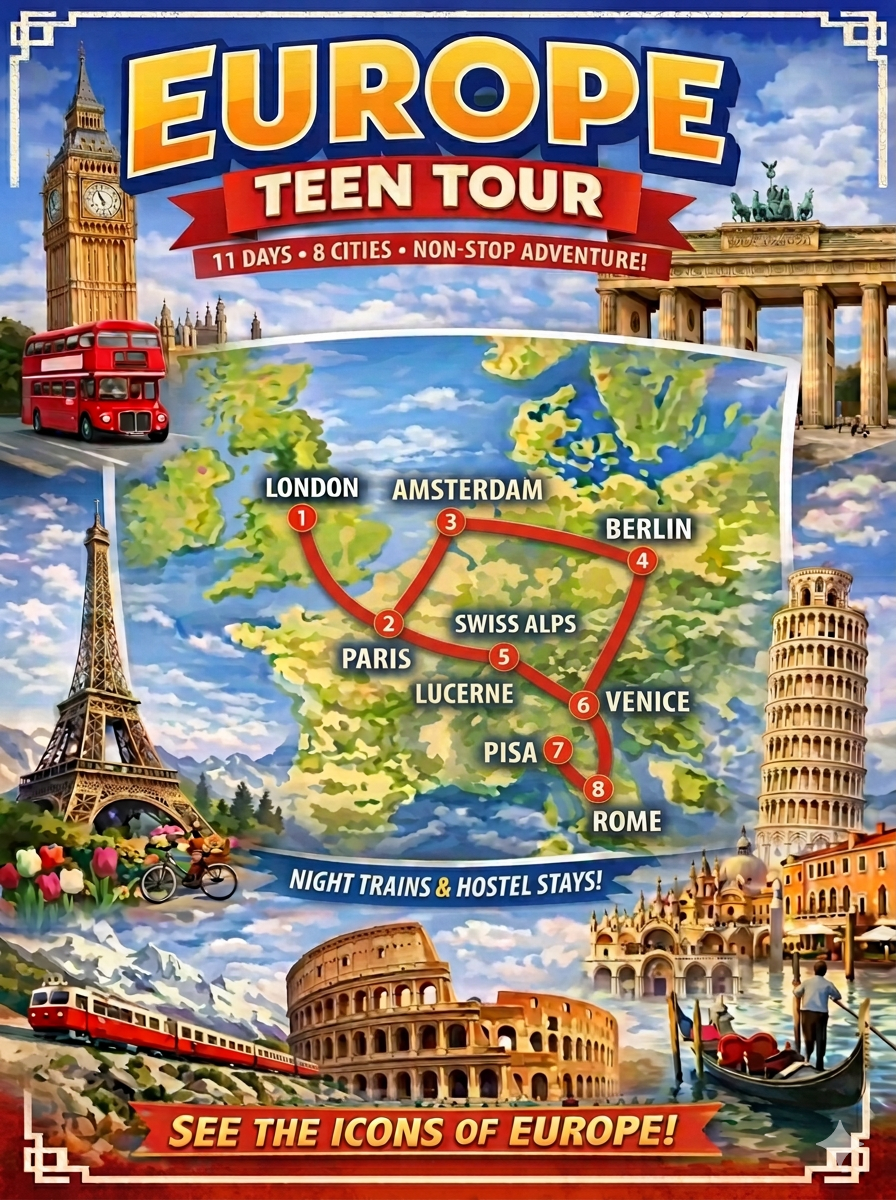 Promotional poster for a Europe teen tour with 11 days, 8 cities, and night trains, featuring landmarks like Big Ben, the Eiffel Tower, the Colosseum, Pisa Tower, the Leaning Tower of Pisa, and Venice Gondola rides, with a map connecting London, Amsterdam, Berlin, Paris, Swiss Alps, Lucerne, Pisa, and Rome.