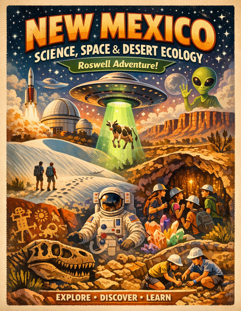 Illustrated cover promoting New Mexico's science, space, and desert ecology with science-themed images including astronauts, alien, UFO, dinosaur fossil, and children exploring in nature.