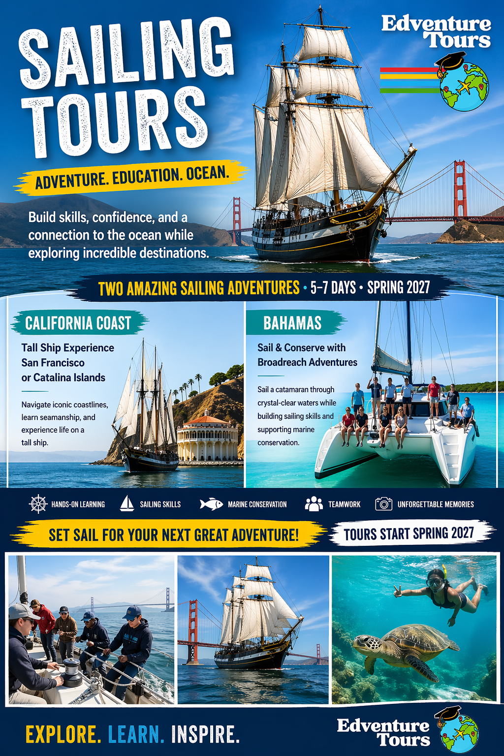 A promotional flyer for sailing tours by Edventure Tours, featuring images of sailboats near iconic locations like the Golden Gate Bridge, a group of people on a sailing yacht, and a person snorkeling with a sea turtle. The flyer advertises two sailing adventures along the California coast and the Bahamas, scheduled for spring 2027, emphasizing adventure, education, and ocean exploration.